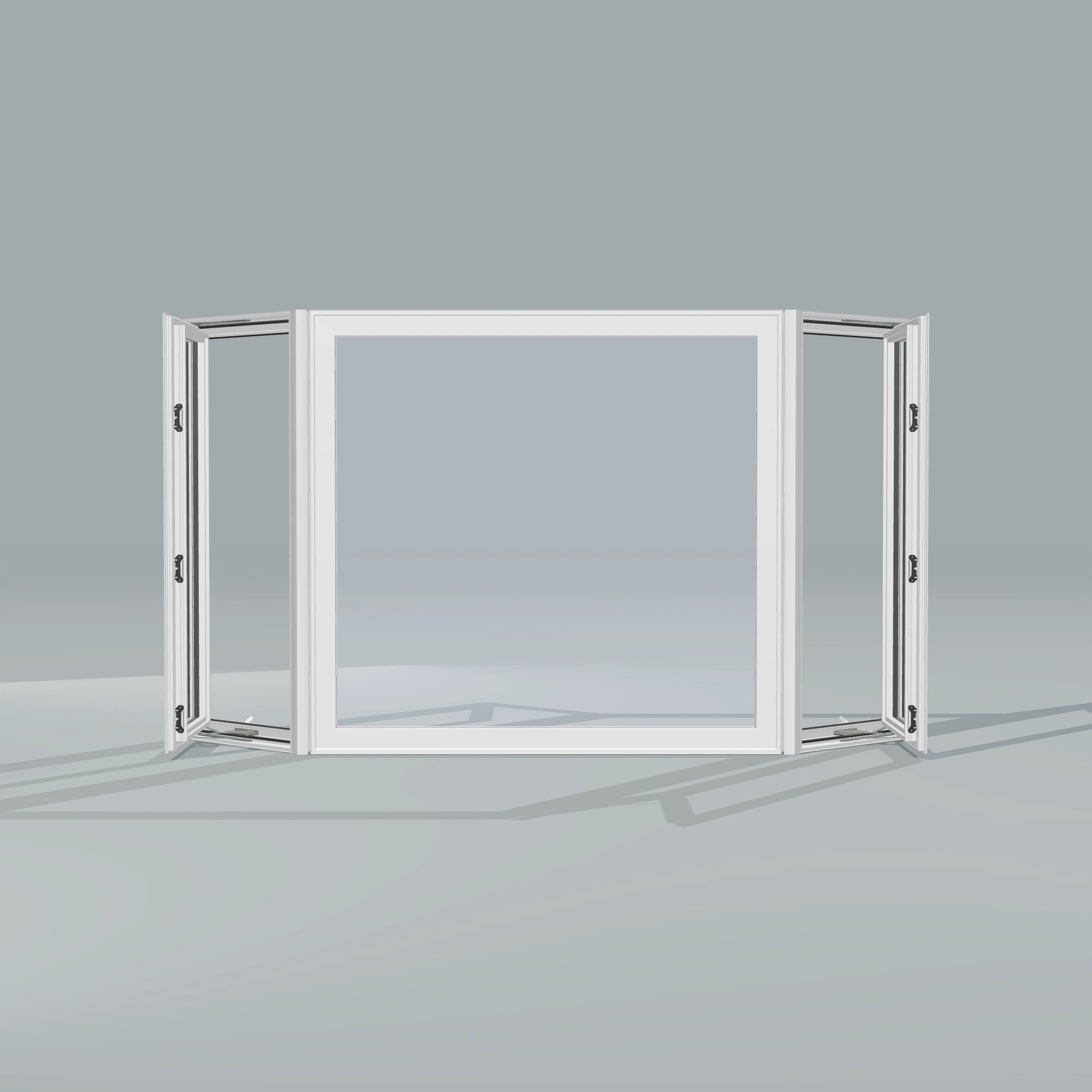 Straight exterior view of the 96 × 54 inch bay window, white exterior / white interior, without nailing flange, casement sashes open 45 degrees