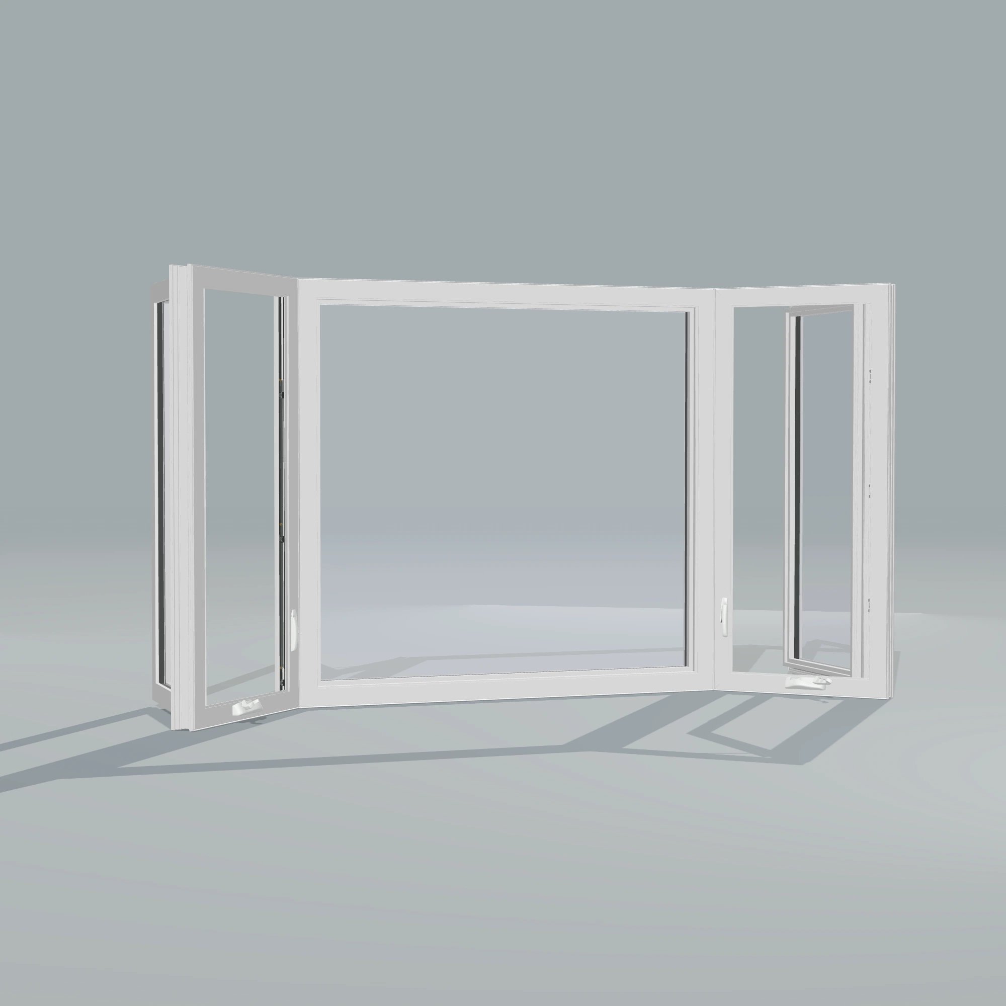 Angled interior view of the 96 × 54 inch bay window, white exterior / white interior, without nailing flange, casement sashes open 45 degrees