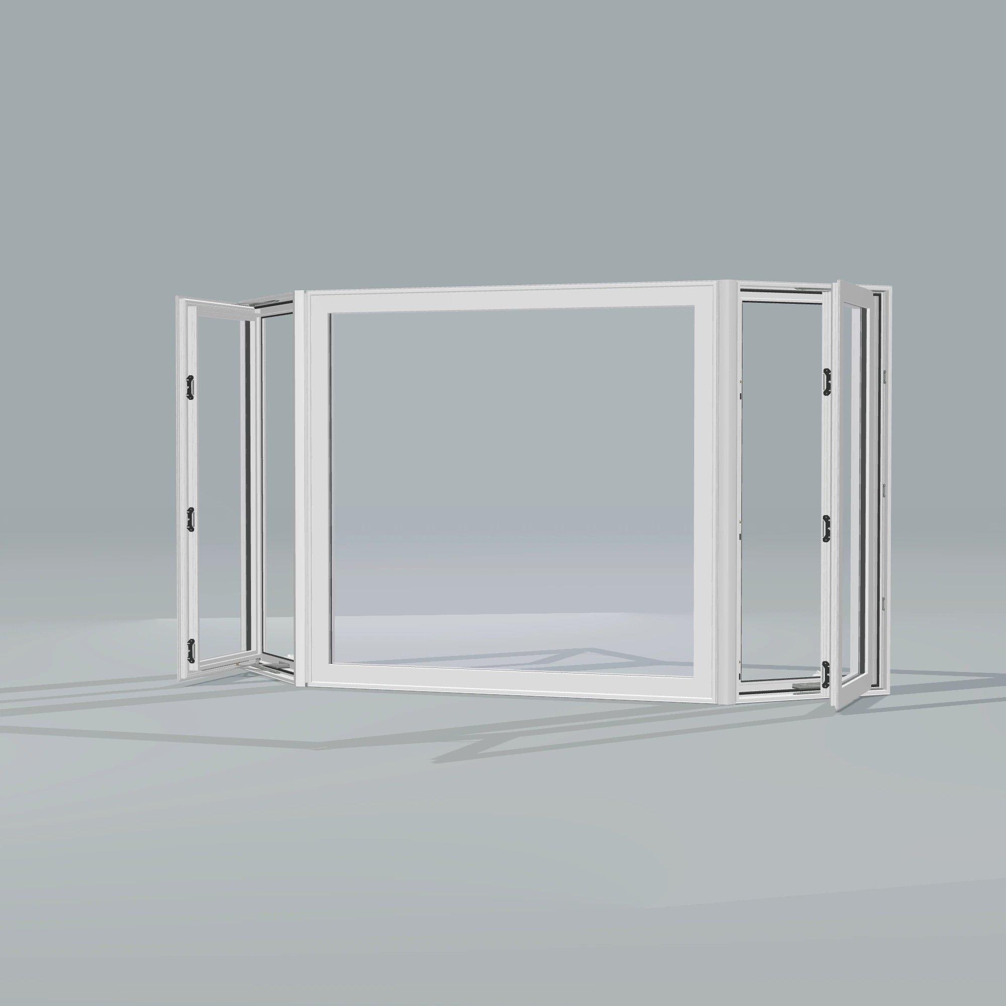 Opposite exterior angle of the 96 × 54 inch bay window, white exterior / white interior, without nailing flange, casement sashes open 45 degrees