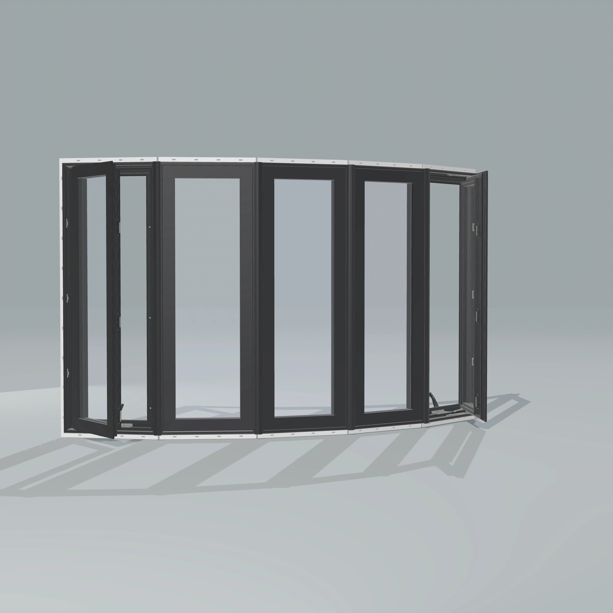 Angled exterior configurator view of the 96 × 54 inch bow window, black exterior / black interior, with nailing flange, casement sashes open 45 degrees