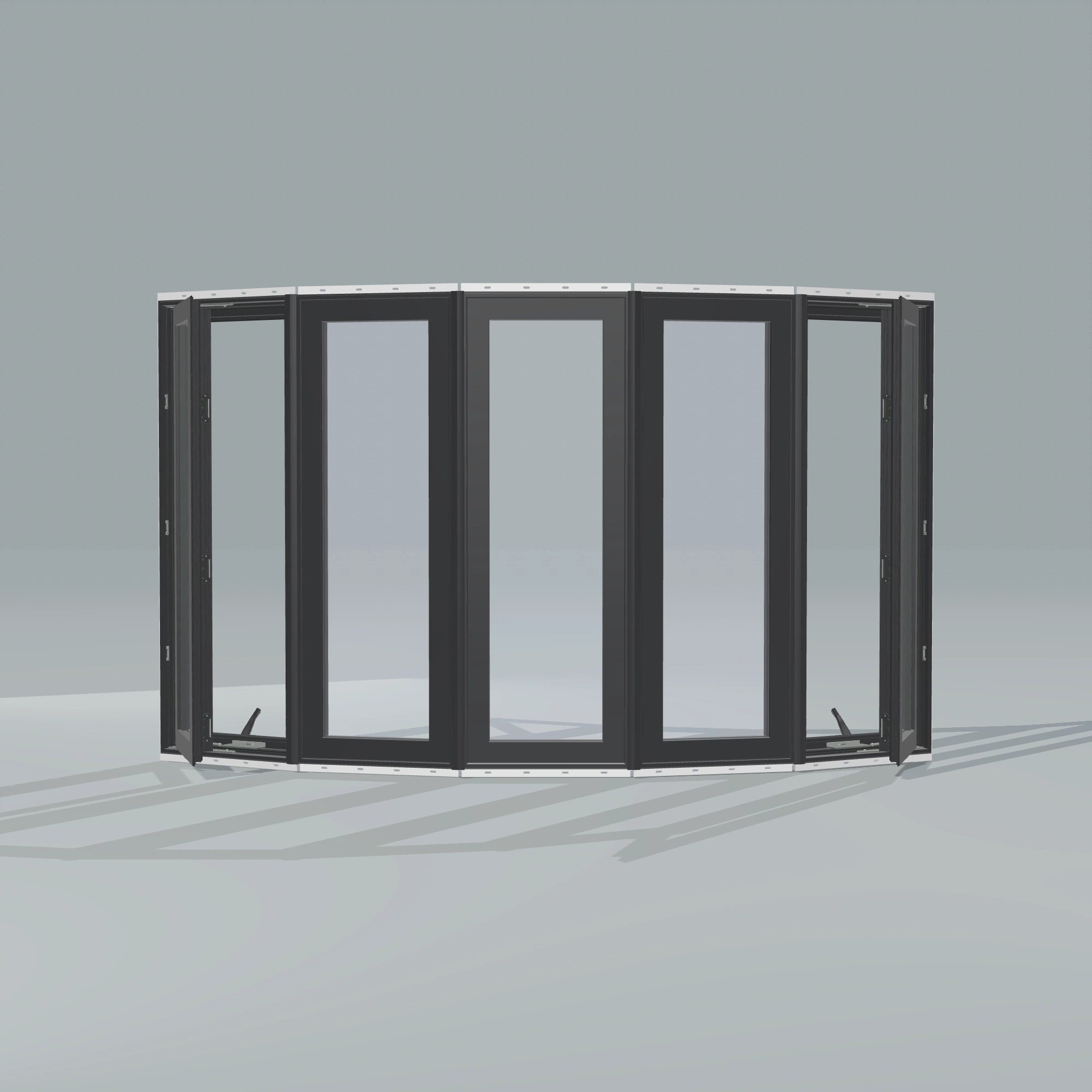Straight exterior view of the 96 × 54 inch bow window, black exterior / black interior, with nailing flange, casement sashes open 45 degrees