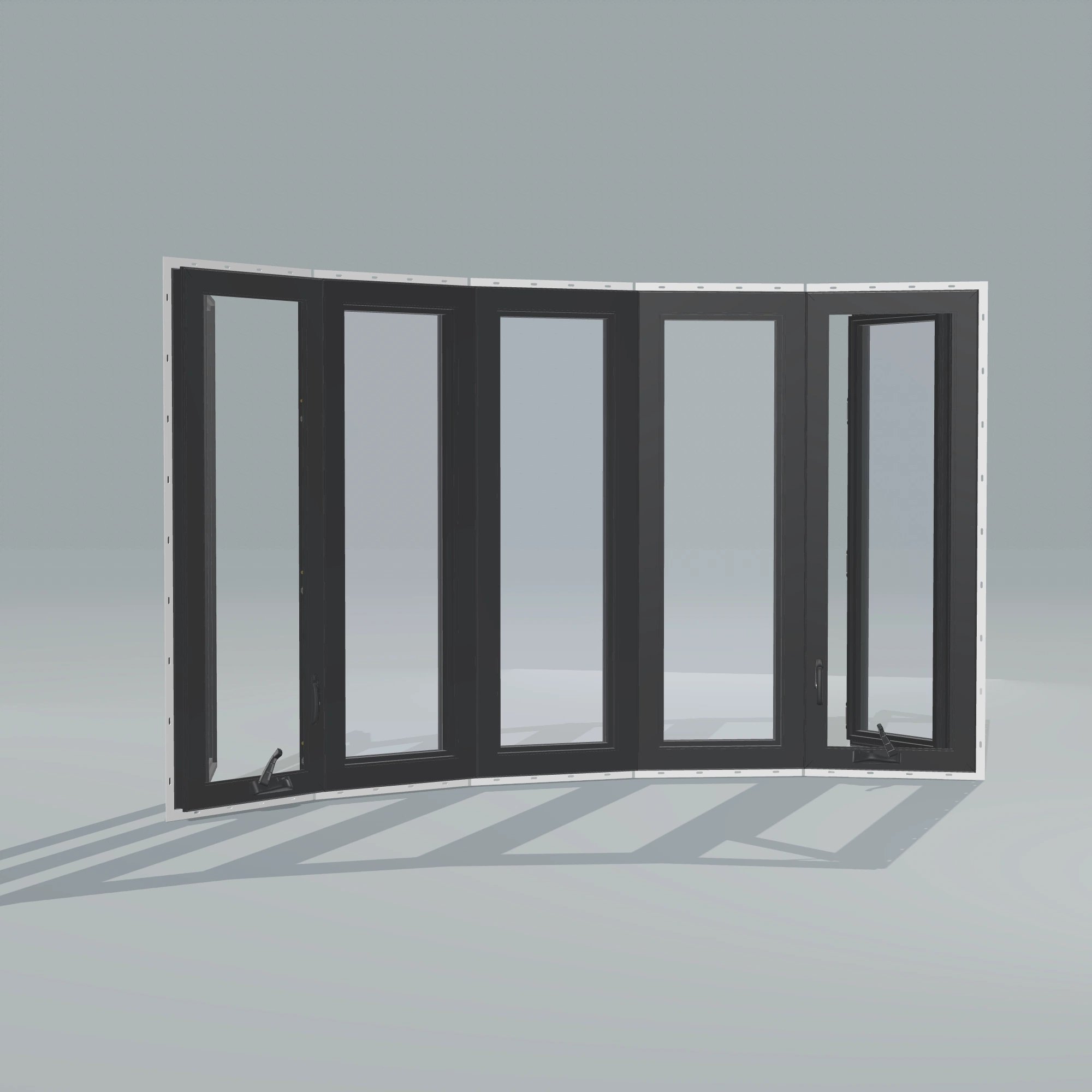 Angled interior view of the 96 × 54 inch bow window, black exterior / black interior, with nailing flange, casement sashes open 45 degrees