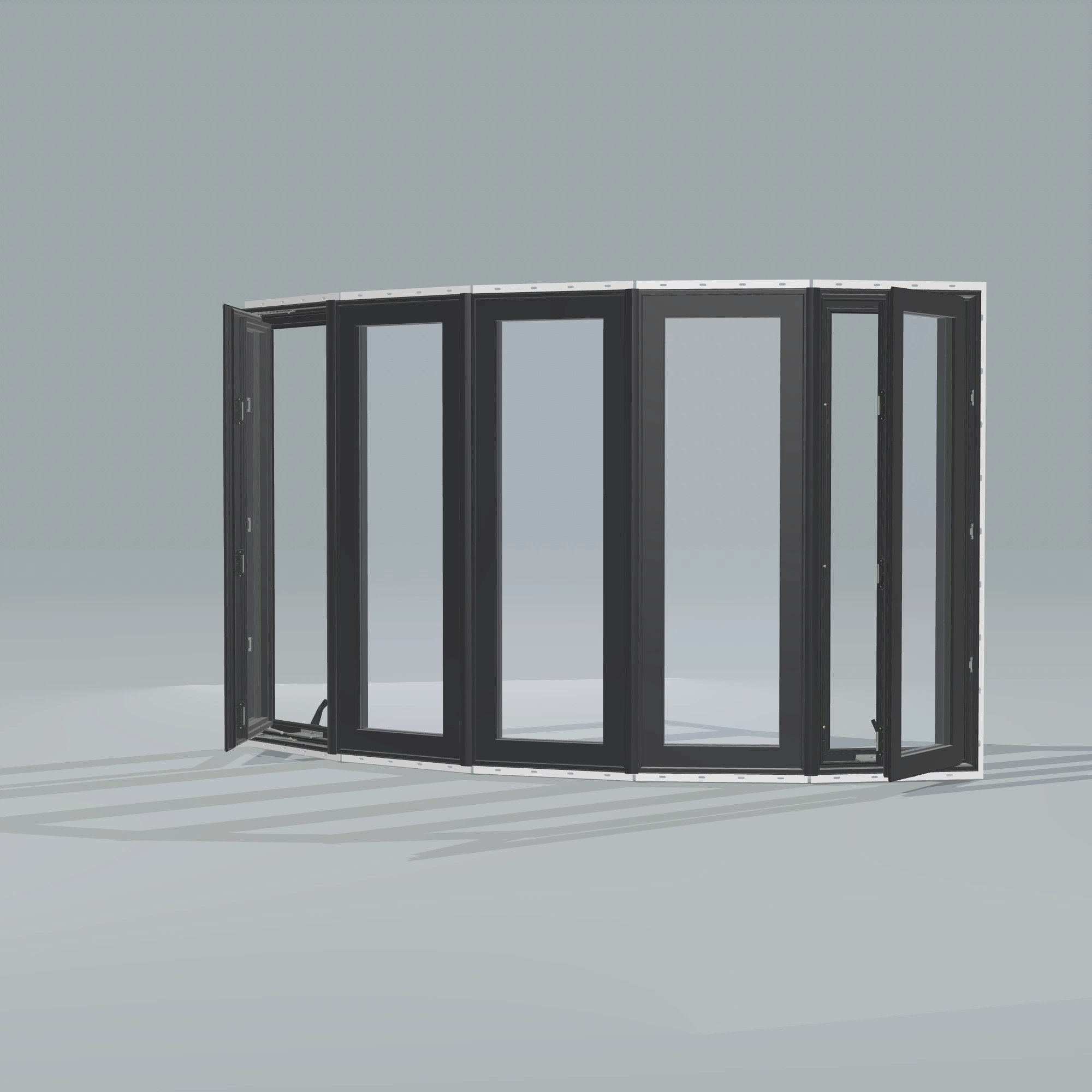 Opposite exterior angle of the 96 × 54 inch bow window, black exterior / black interior, with nailing flange, casement sashes open 45 degrees