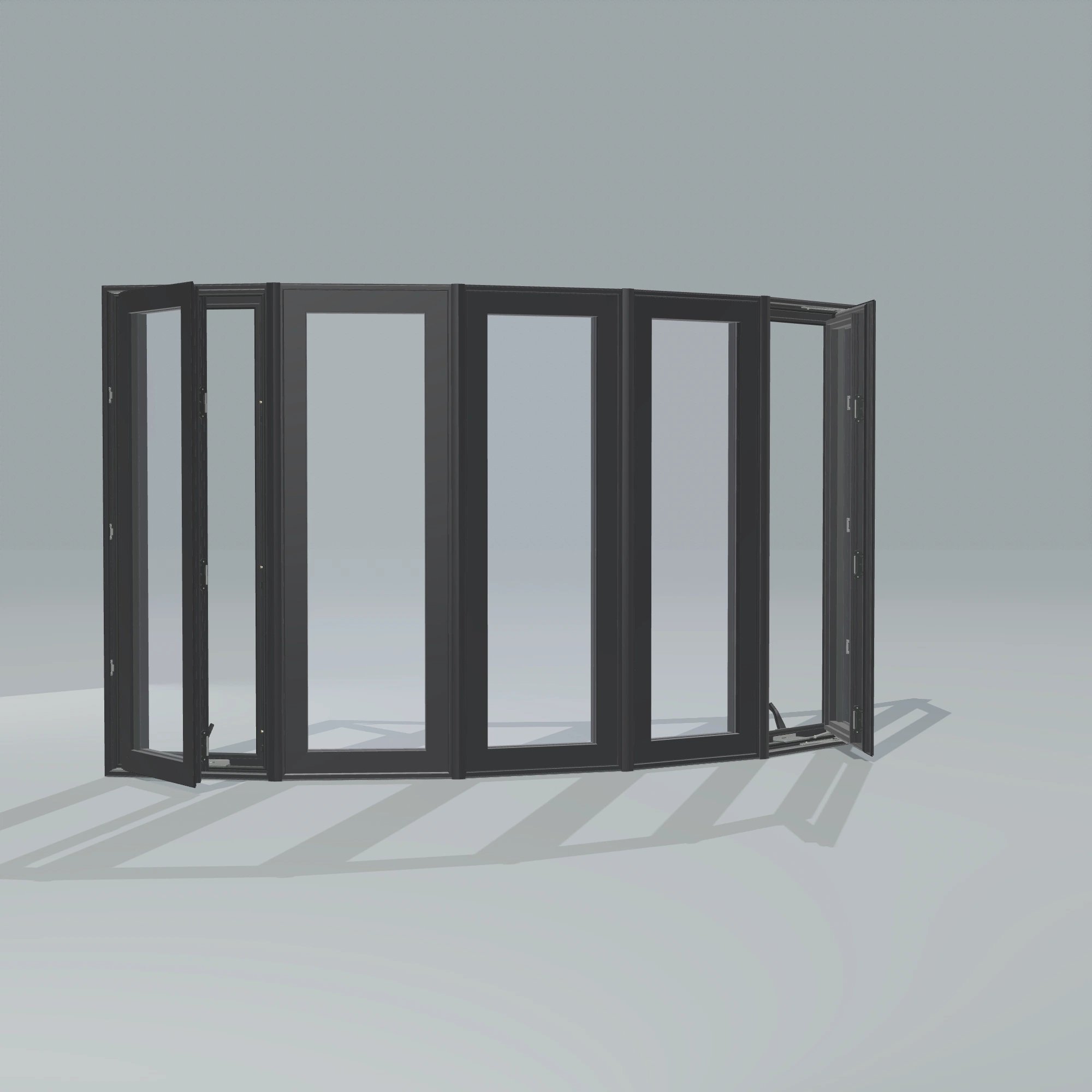 Angled exterior configurator view of the 96 × 54 inch bow window, black exterior / black interior, without nailing flange, casement sashes open 45 degrees