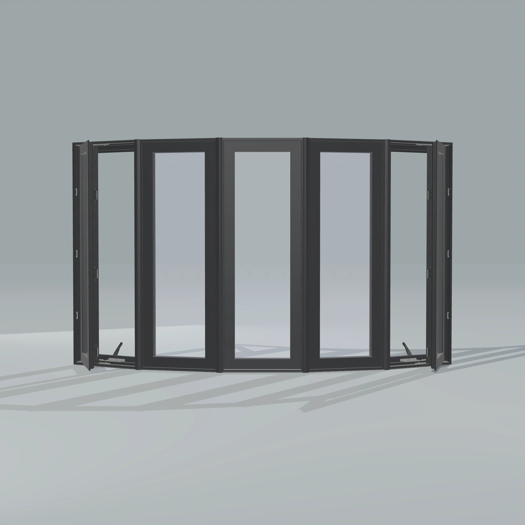 Straight exterior view of the 96 × 54 inch bow window, black exterior / black interior, without nailing flange, casement sashes open 45 degrees