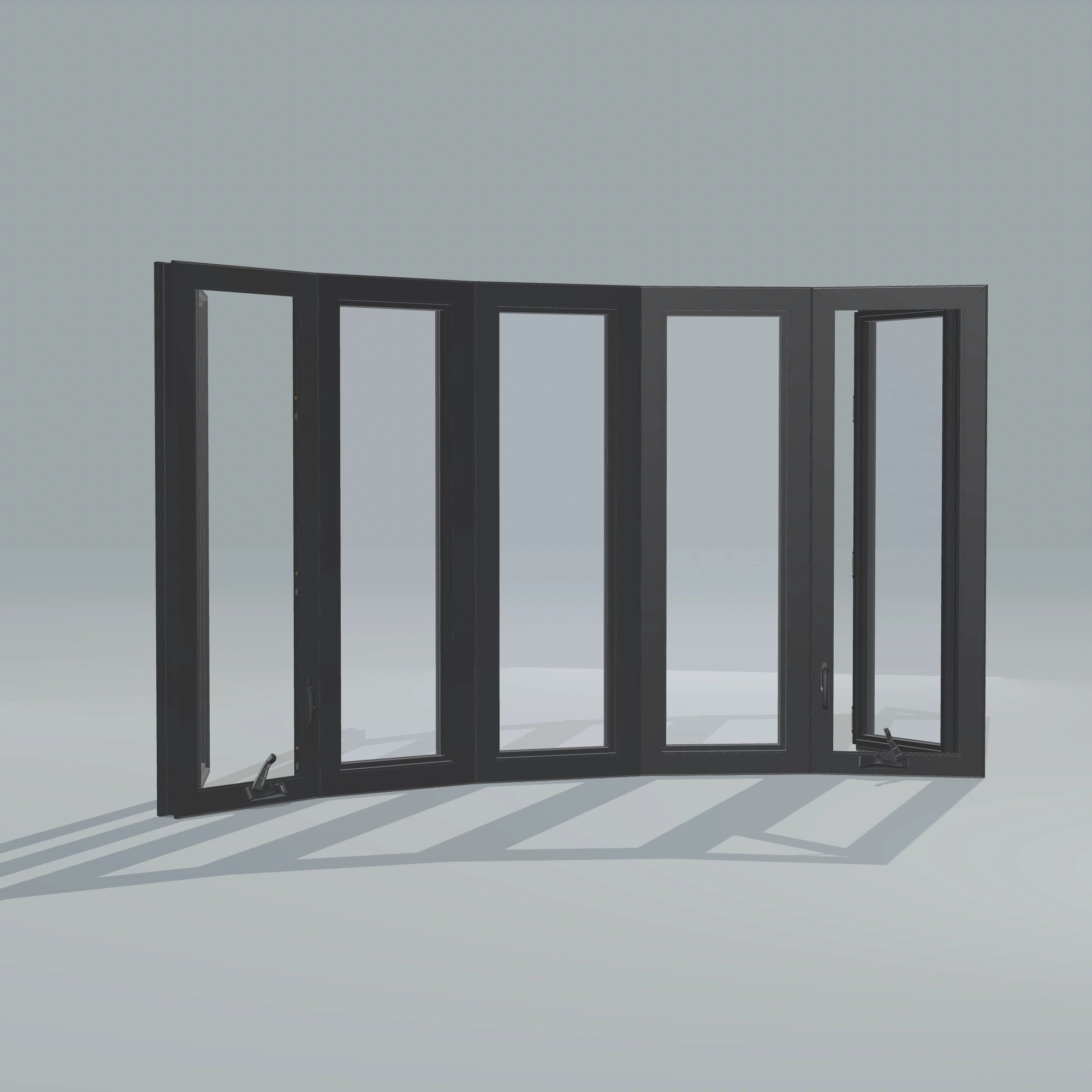 Angled interior view of the 96 × 54 inch bow window, black exterior / black interior, without nailing flange, casement sashes open 45 degrees