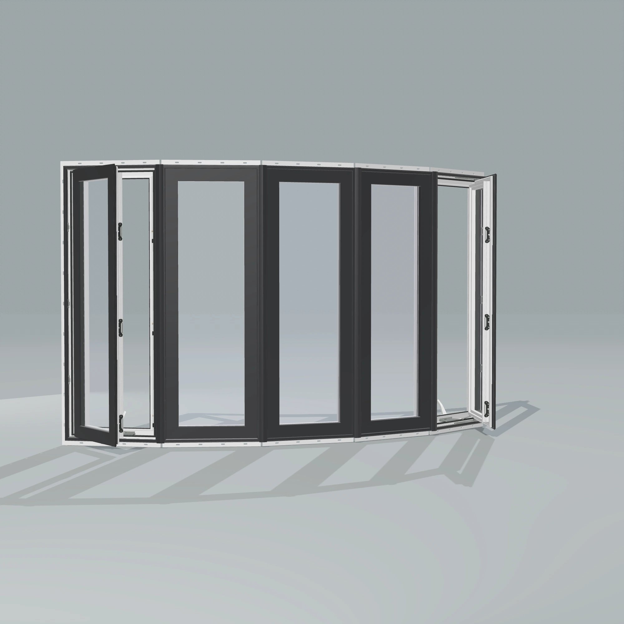 Angled exterior configurator view of the 96 × 54 inch bow window, black exterior / white interior, with nailing flange, casement sashes open 45 degrees