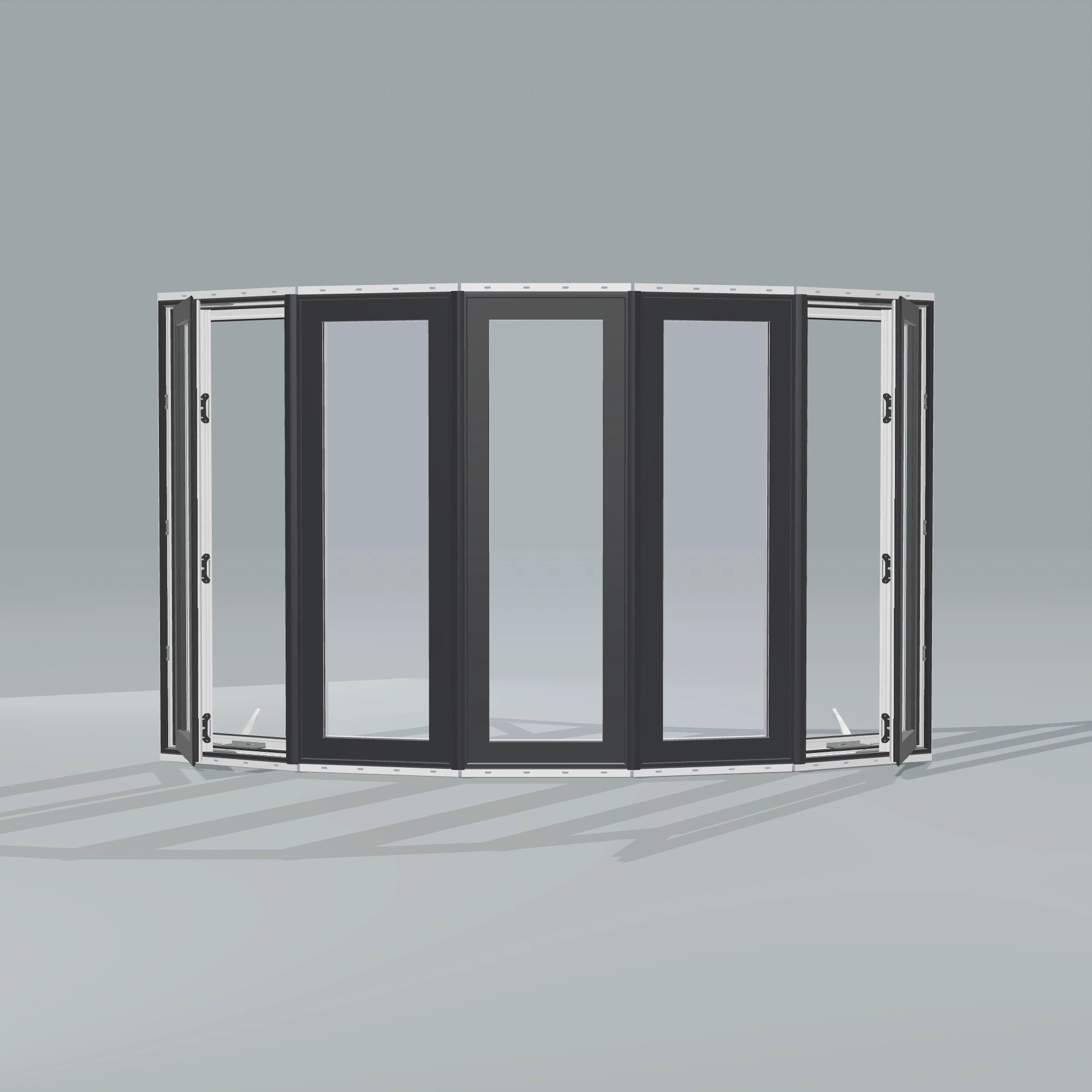 Straight exterior view of the 96 × 54 inch bow window, black exterior / white interior, with nailing flange, casement sashes open 45 degrees