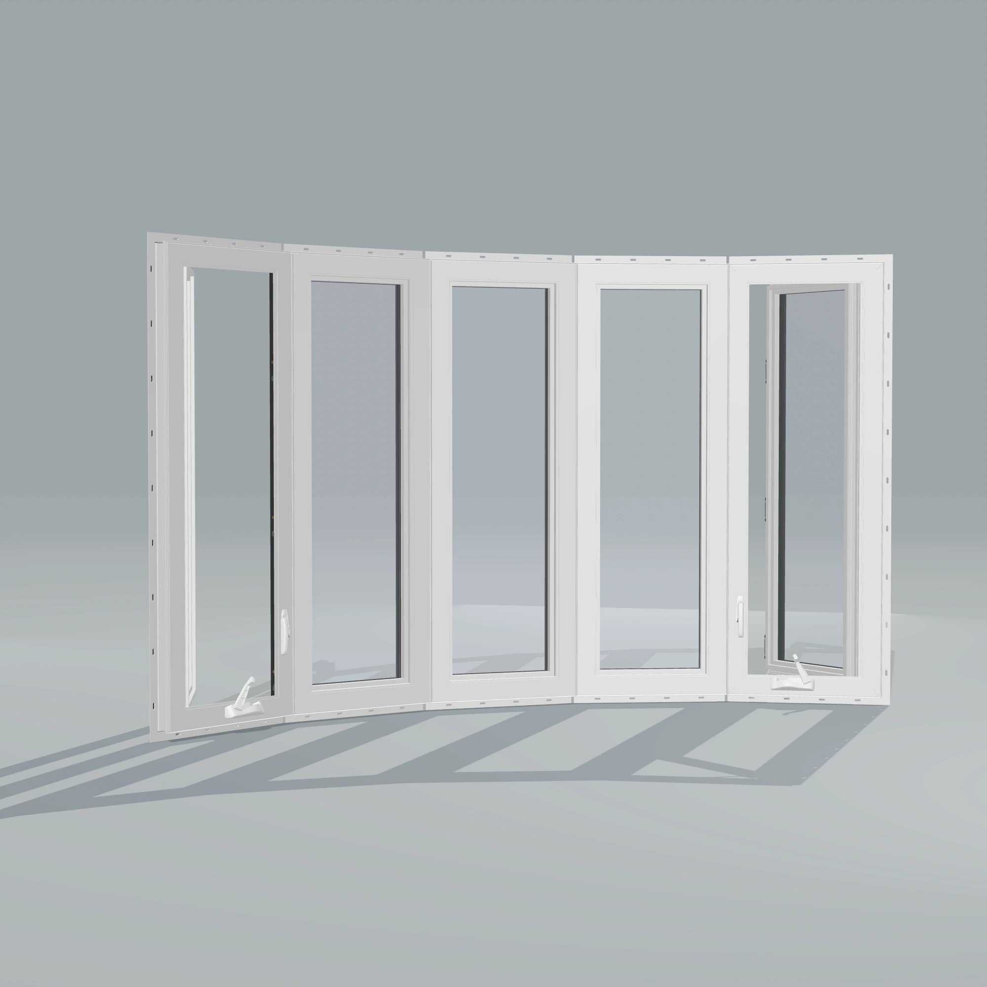 Angled interior view of the 96 × 54 inch bow window, black exterior / white interior, with nailing flange, casement sashes open 45 degrees