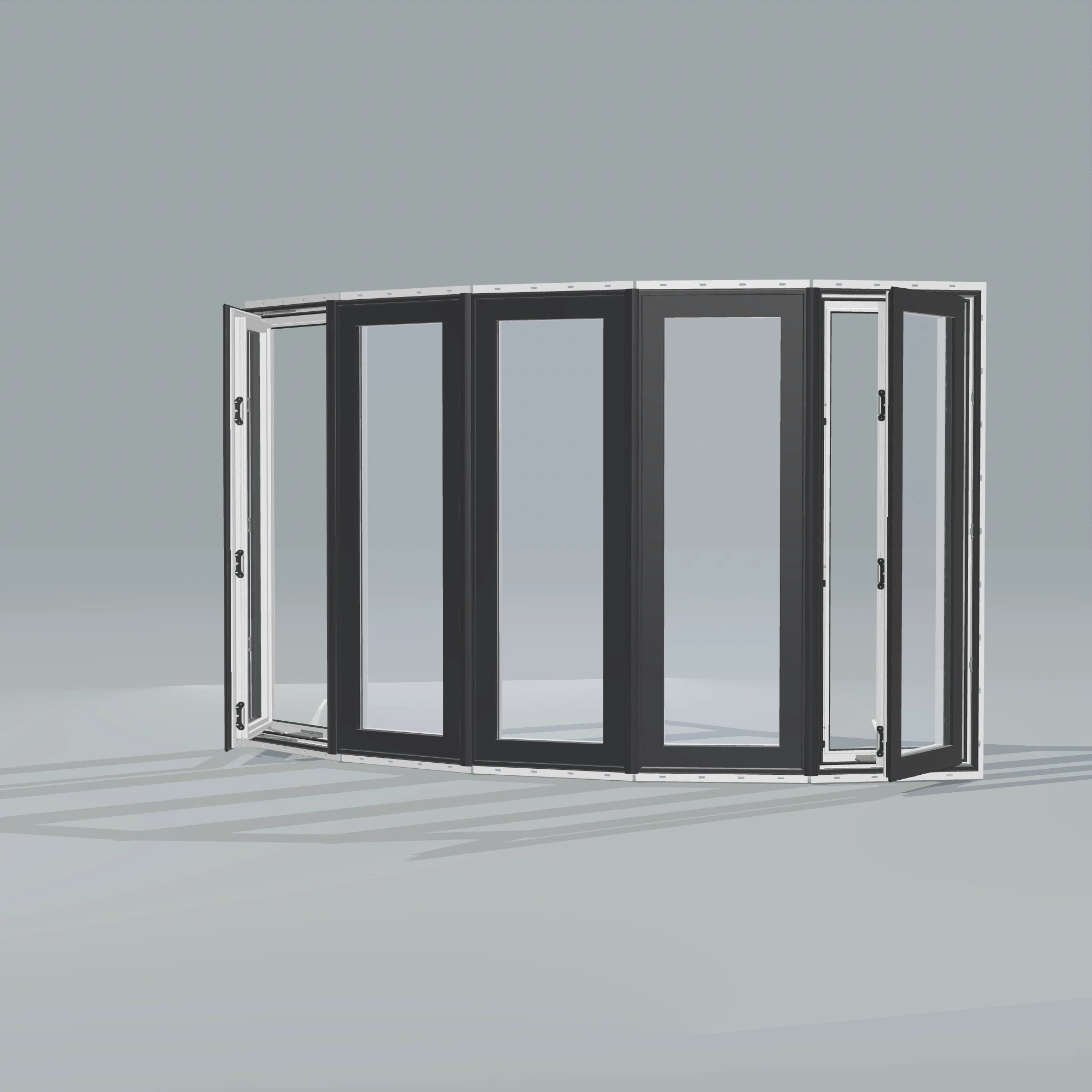 Opposite exterior angle of the 96 × 54 inch bow window, black exterior / white interior, with nailing flange, casement sashes open 45 degrees