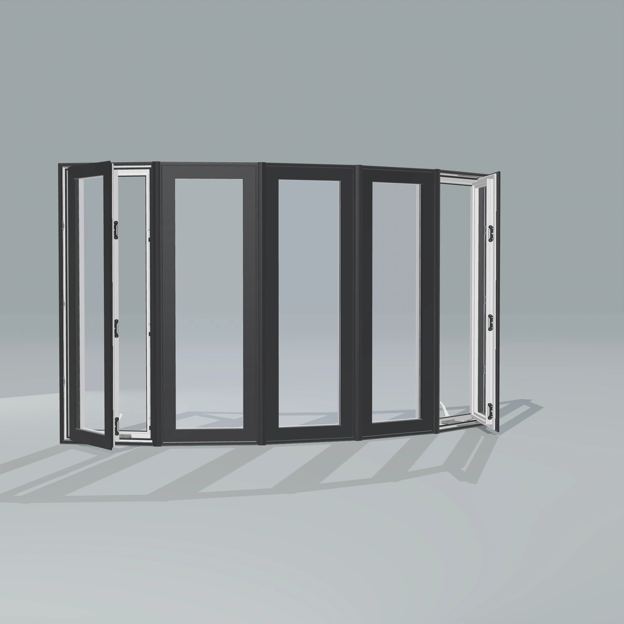 Angled exterior configurator view of the 96 × 54 inch bow window, black exterior / white interior, without nailing flange, casement sashes open 45 degrees
