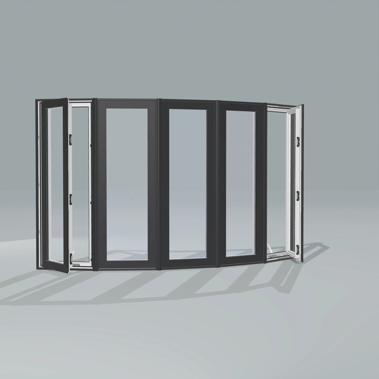 Angled exterior view of a black bow window, operating casement sashes open 45 degrees, rendered from the Panes 3D configurator