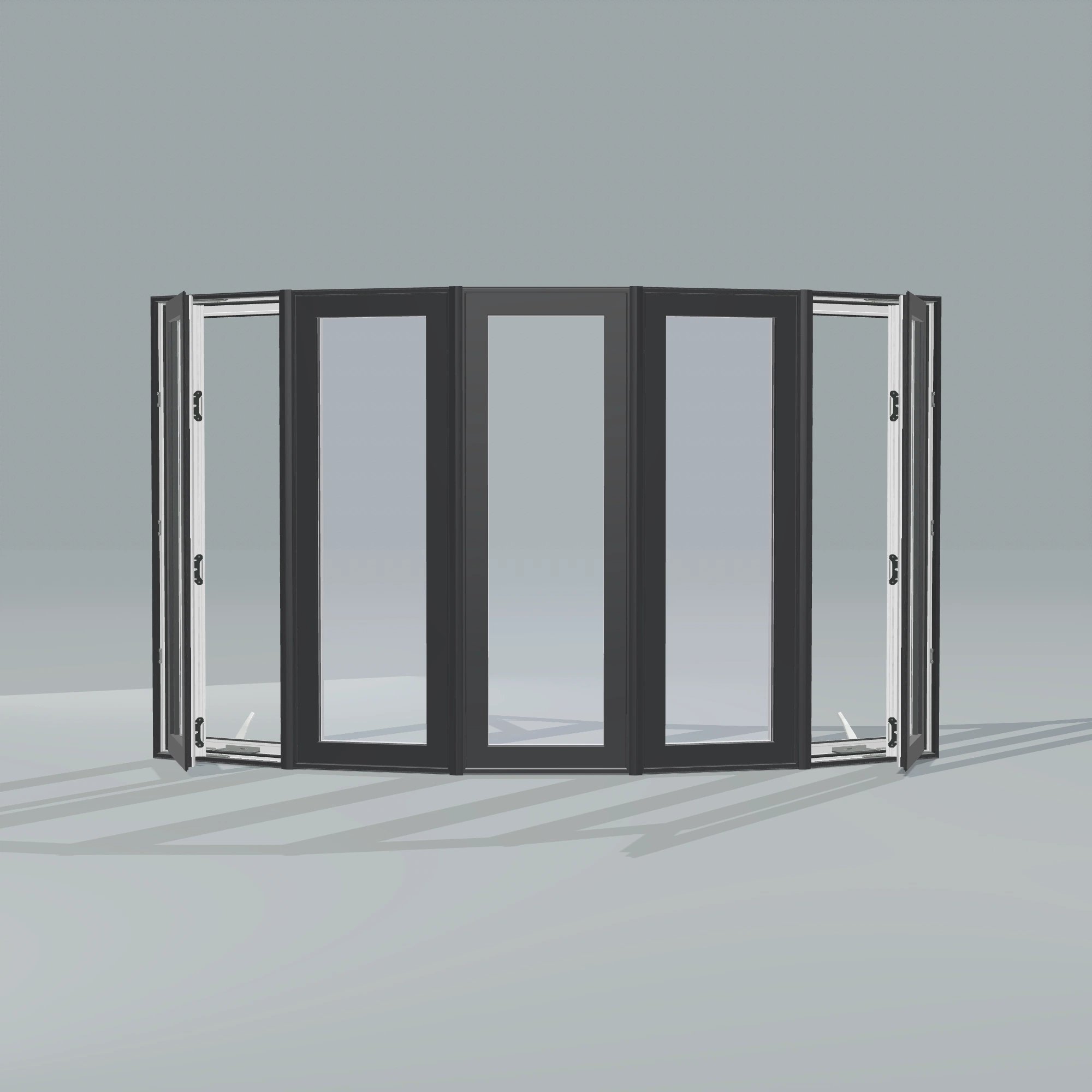 Straight exterior view of the 96 × 54 inch bow window, black exterior / white interior, without nailing flange, casement sashes open 45 degrees