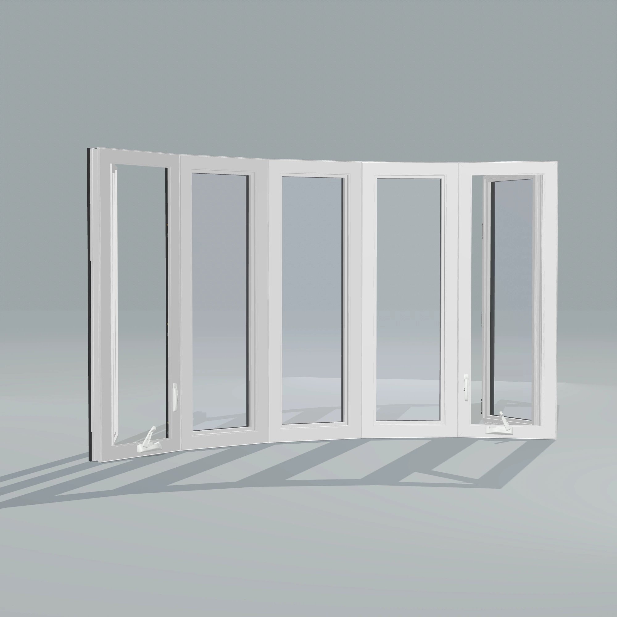 Angled interior view of the 96 × 54 inch bow window, black exterior / white interior, without nailing flange, casement sashes open 45 degrees