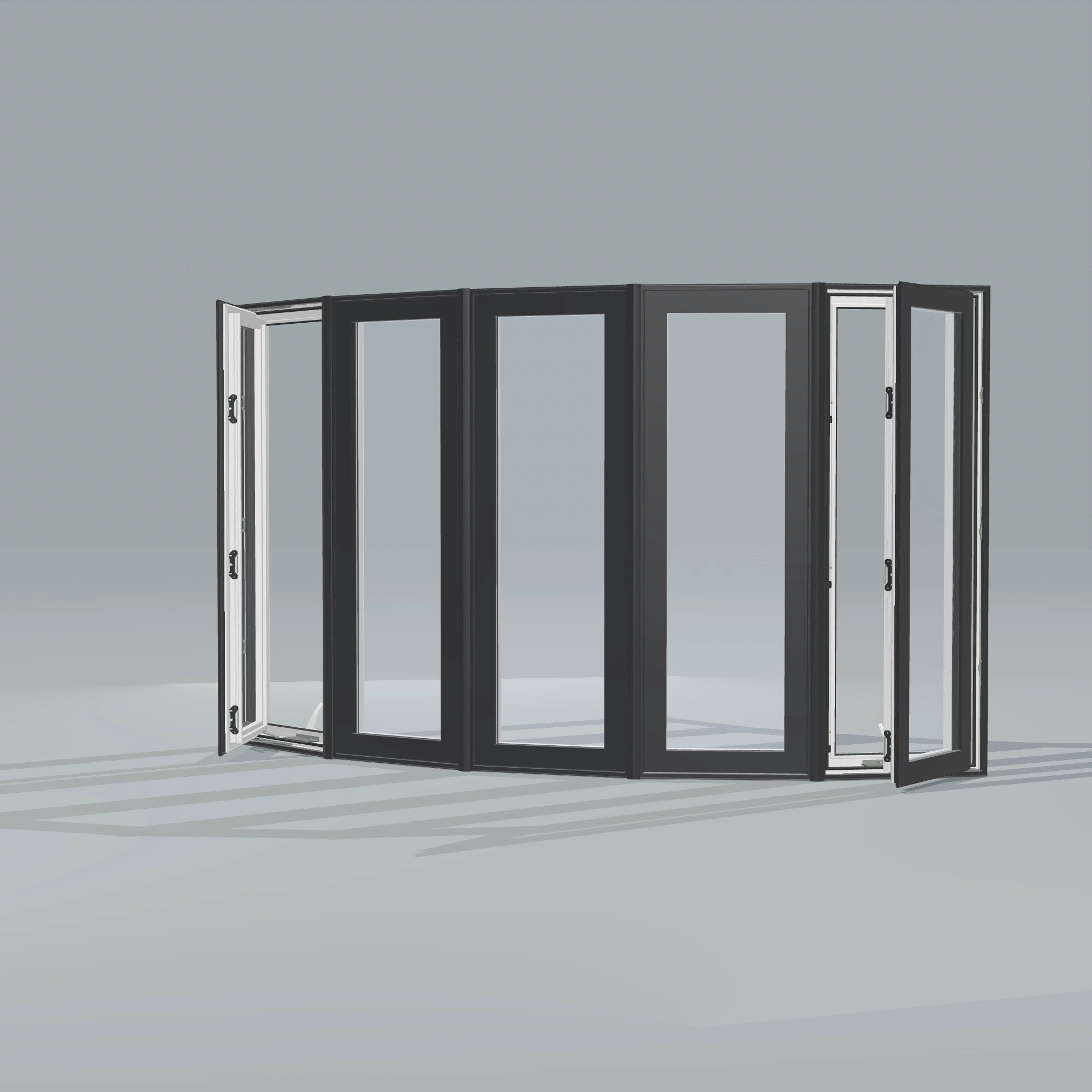 Opposite exterior angle of the 96 × 54 inch bow window, black exterior / white interior, without nailing flange, casement sashes open 45 degrees