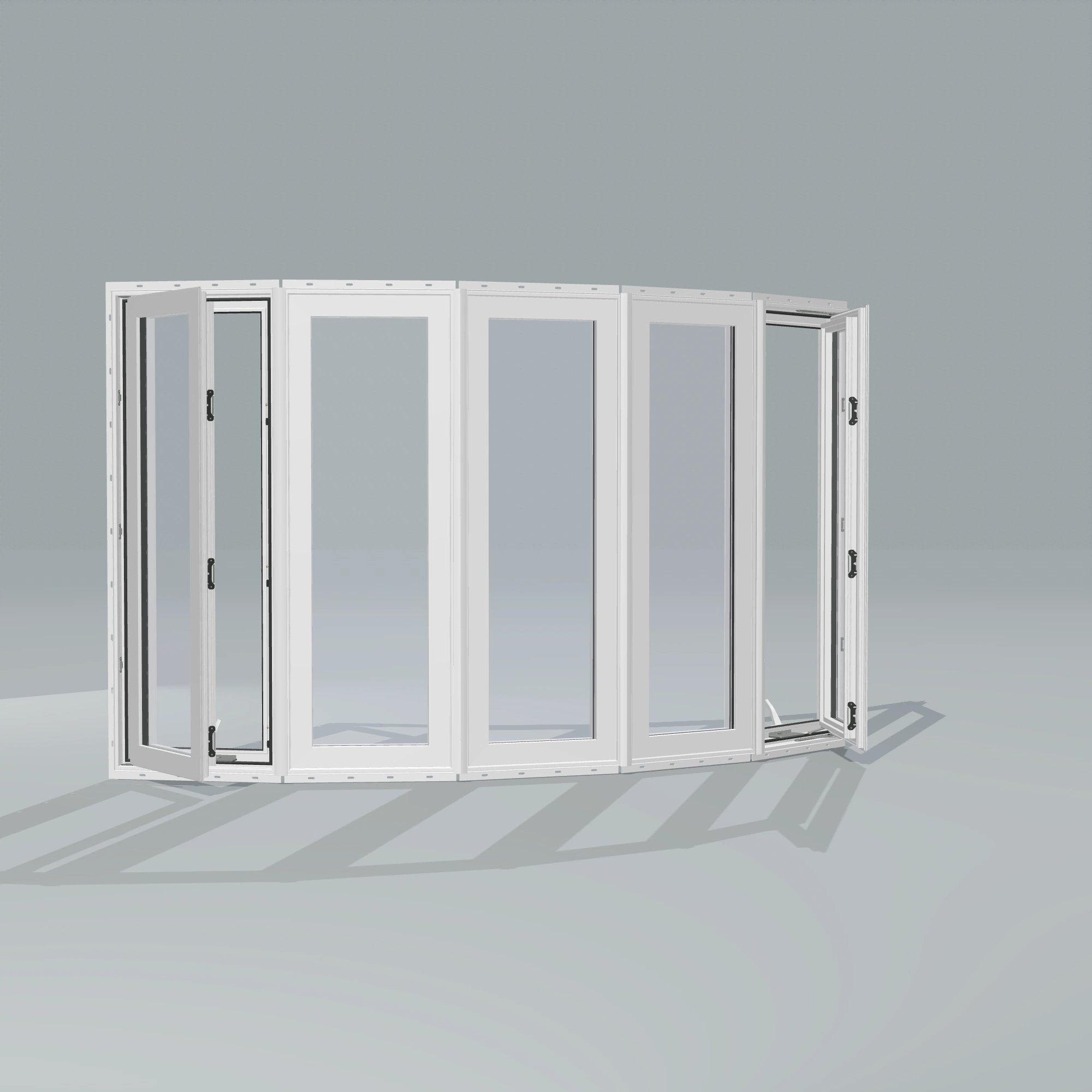 Angled exterior configurator view of the 96 × 54 inch bow window, white exterior / white interior, with nailing flange, casement sashes open 45 degrees