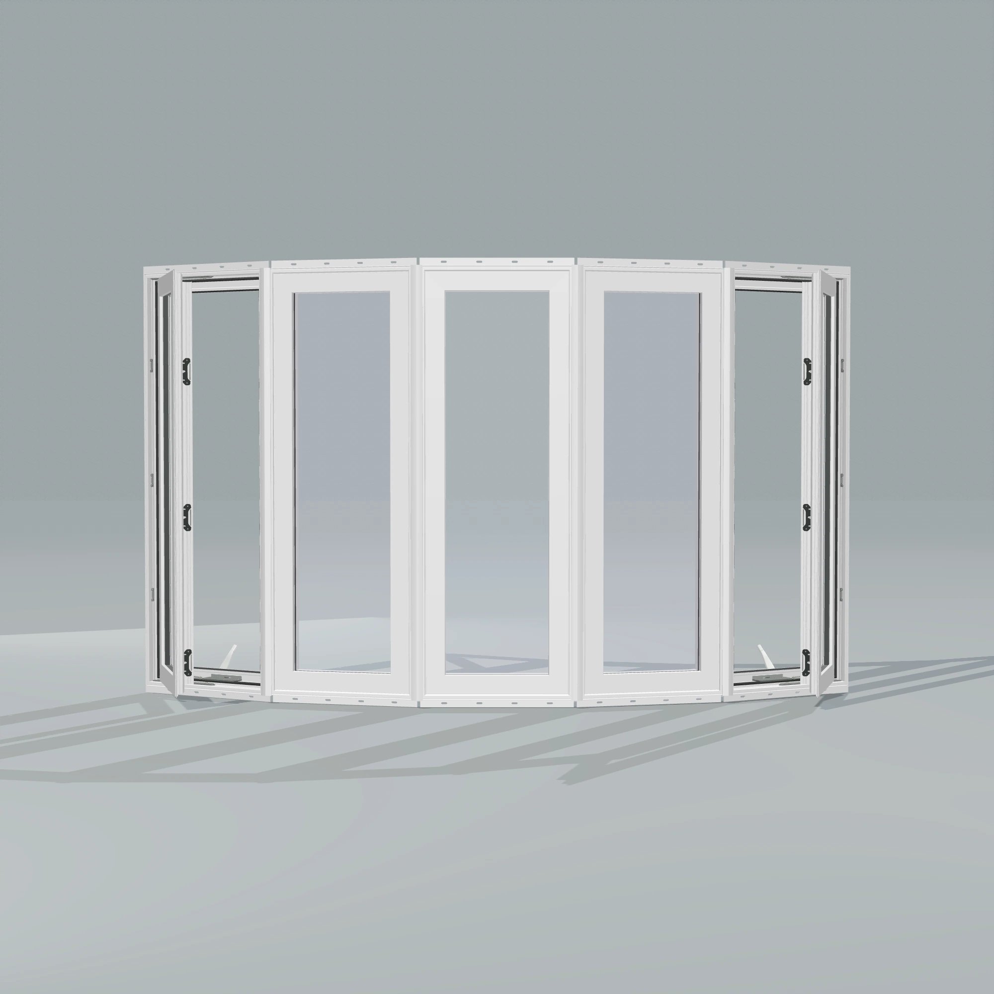 Straight exterior view of the 96 × 54 inch bow window, white exterior / white interior, with nailing flange, casement sashes open 45 degrees