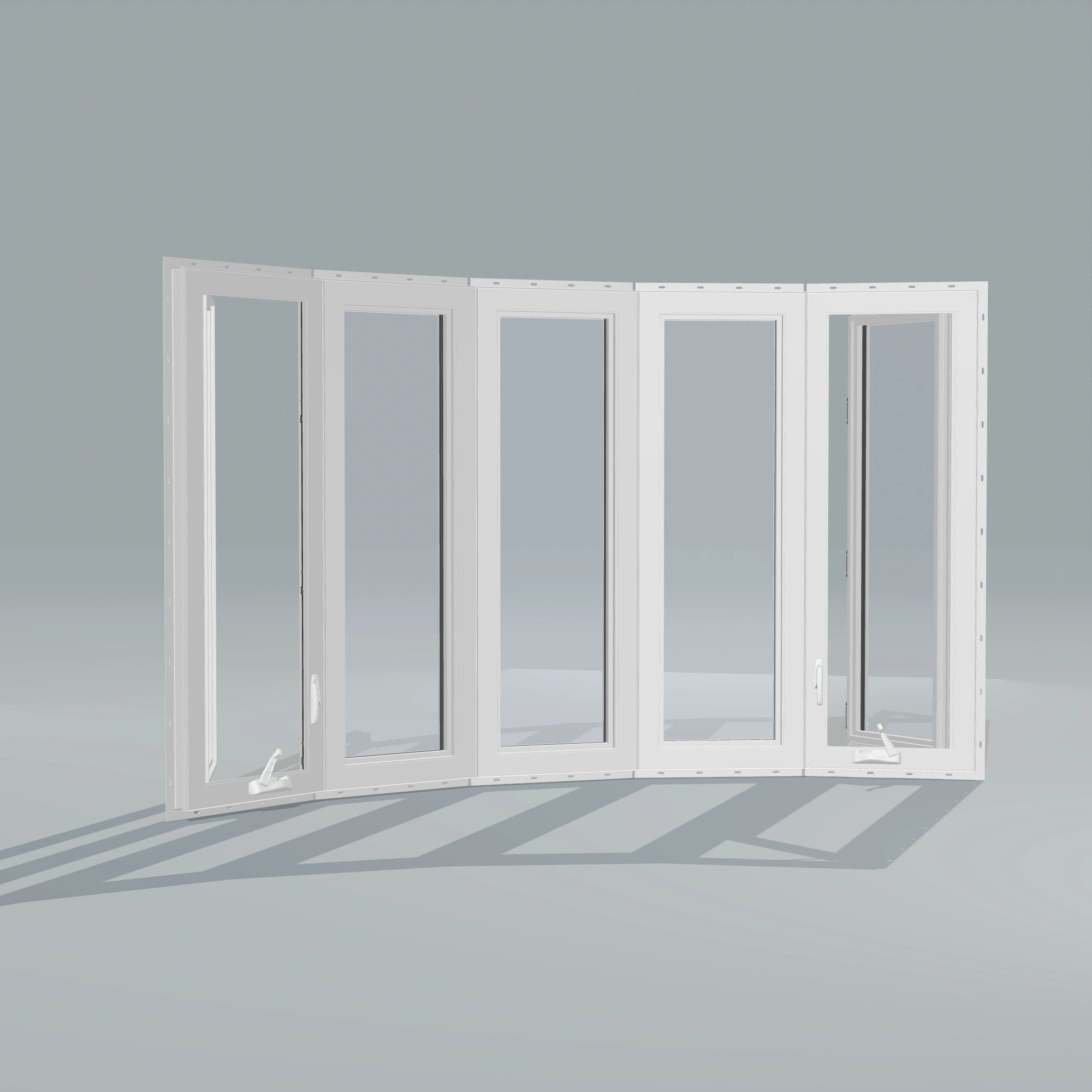 Angled interior view of the 96 × 54 inch bow window, white exterior / white interior, with nailing flange, casement sashes open 45 degrees