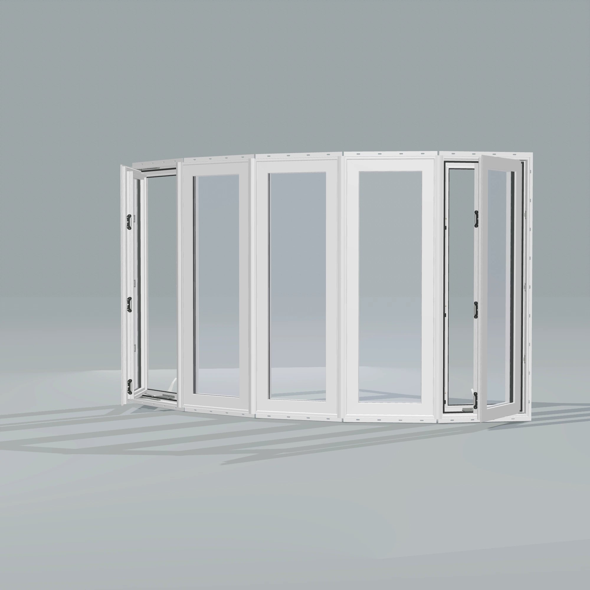 Opposite exterior angle of the 96 × 54 inch bow window, white exterior / white interior, with nailing flange, casement sashes open 45 degrees