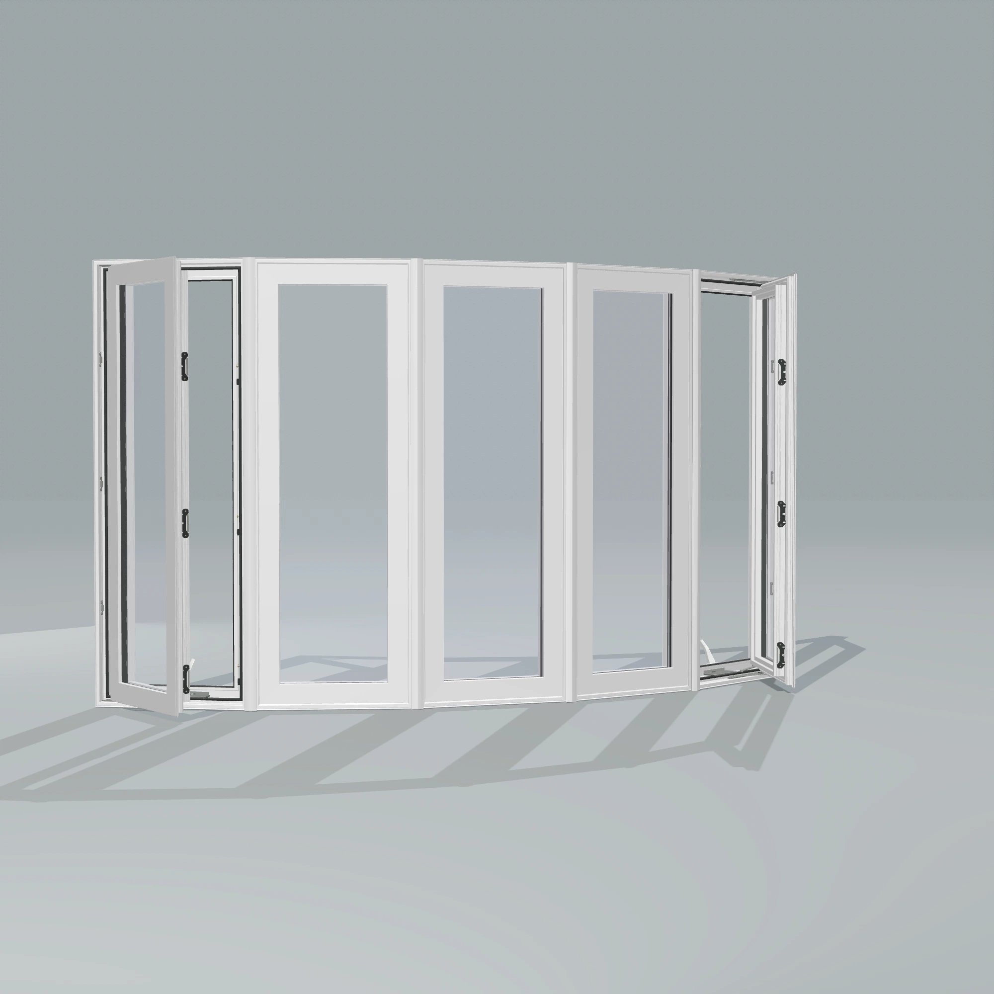 Angled exterior configurator view of the 96 × 54 inch bow window, white exterior / white interior, without nailing flange, casement sashes open 45 degrees