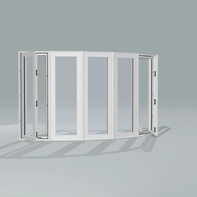 Angled exterior configurator view of the 96 × 54 inch bow window, white exterior / white interior, without nailing flange, casement sashes open 45 degrees