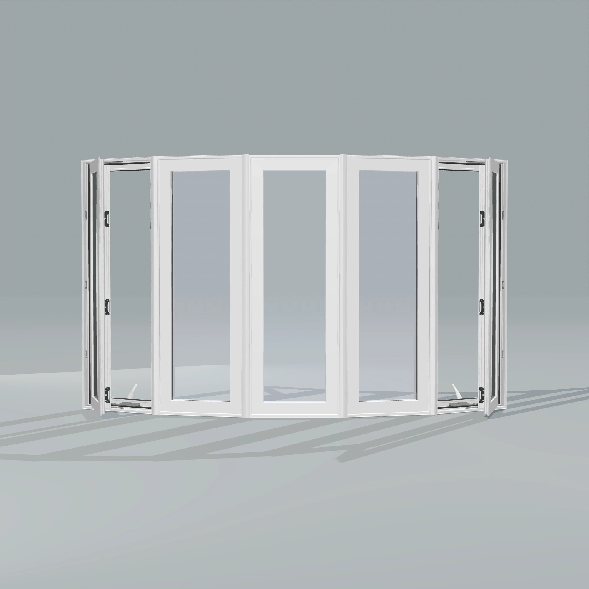 Straight exterior view of the 96 × 54 inch bow window, white exterior / white interior, without nailing flange, casement sashes open 45 degrees