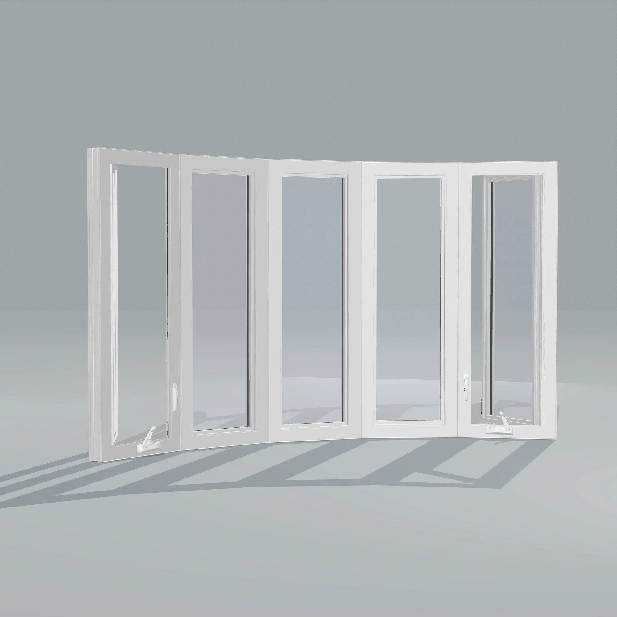 Angled interior view of the 96 × 54 inch bow window, white exterior / white interior, without nailing flange, casement sashes open 45 degrees