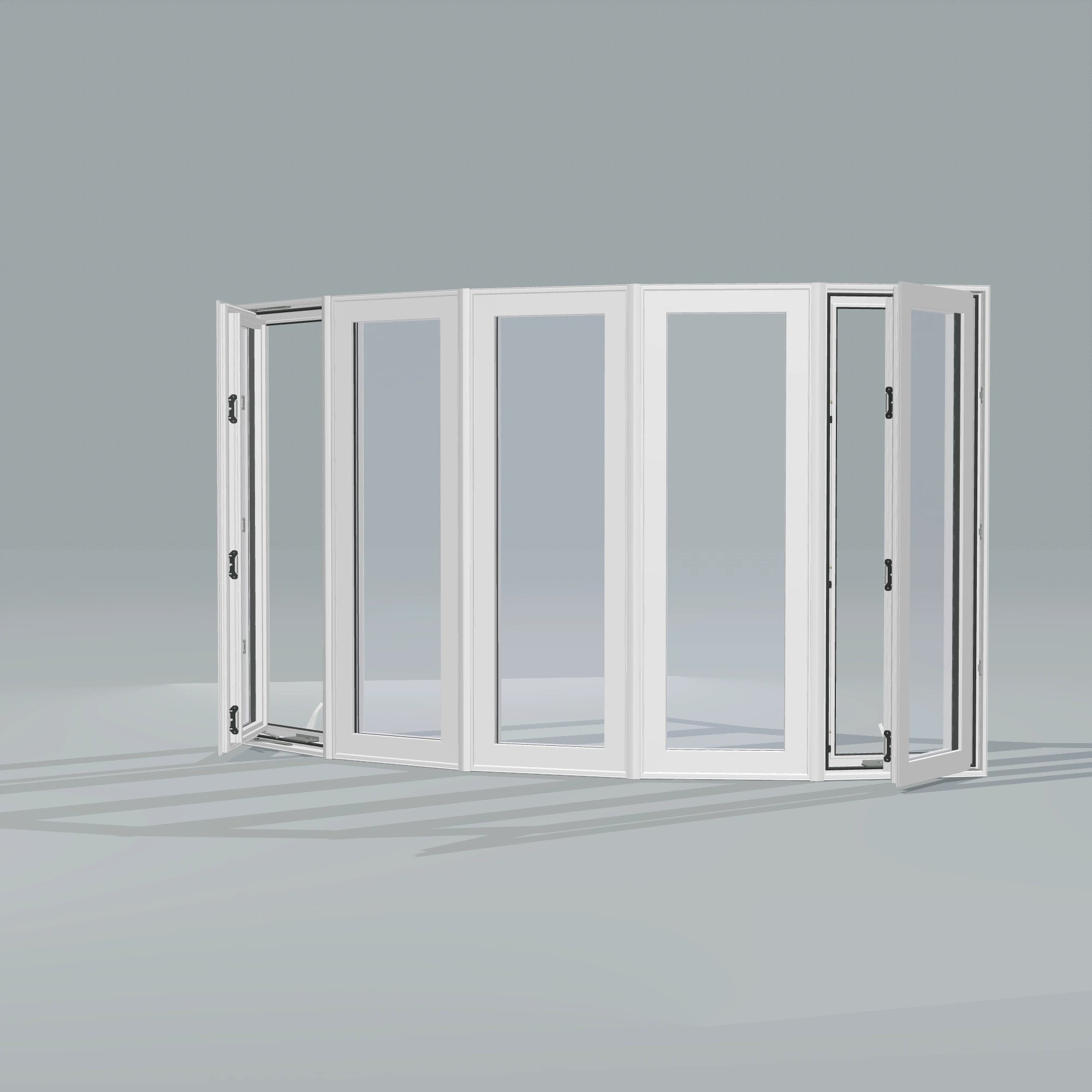 Opposite exterior angle of the 96 × 54 inch bow window, white exterior / white interior, without nailing flange, casement sashes open 45 degrees