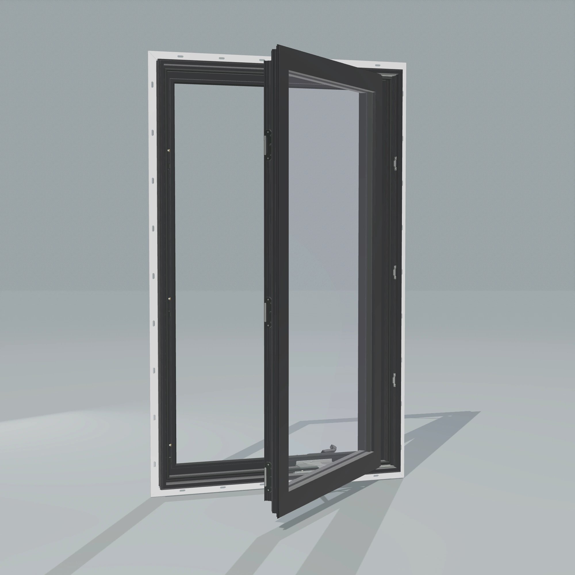 Angled exterior configurator view of the 32 × 52 inch casement, black exterior / black interior, with nailing flange, casement sashes open 45 degrees