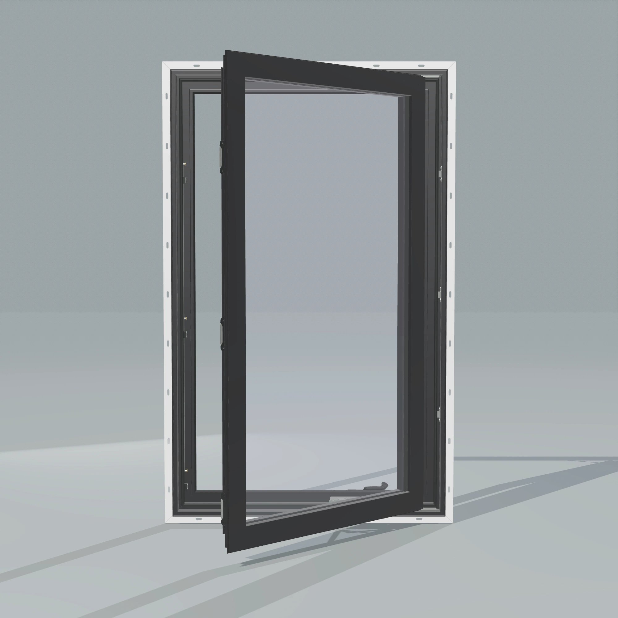 Straight exterior view of the 32 × 52 inch casement, black exterior / black interior, with nailing flange, casement sashes open 45 degrees