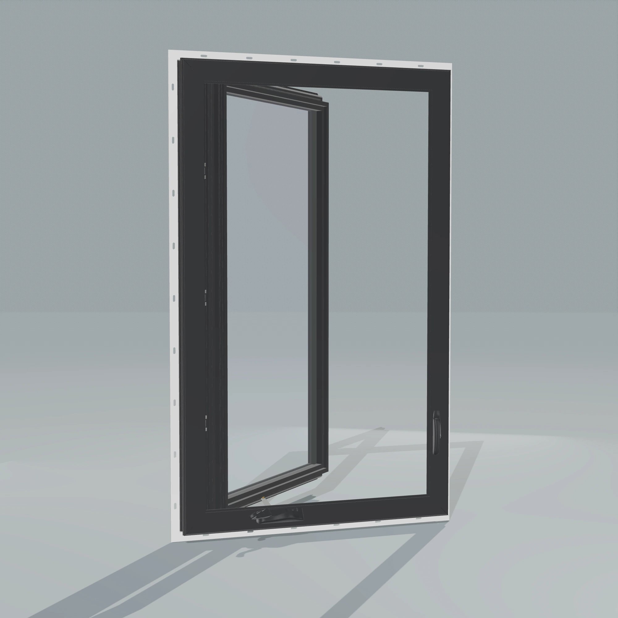 Angled interior view of the 32 × 52 inch casement, black exterior / black interior, with nailing flange, casement sashes open 45 degrees
