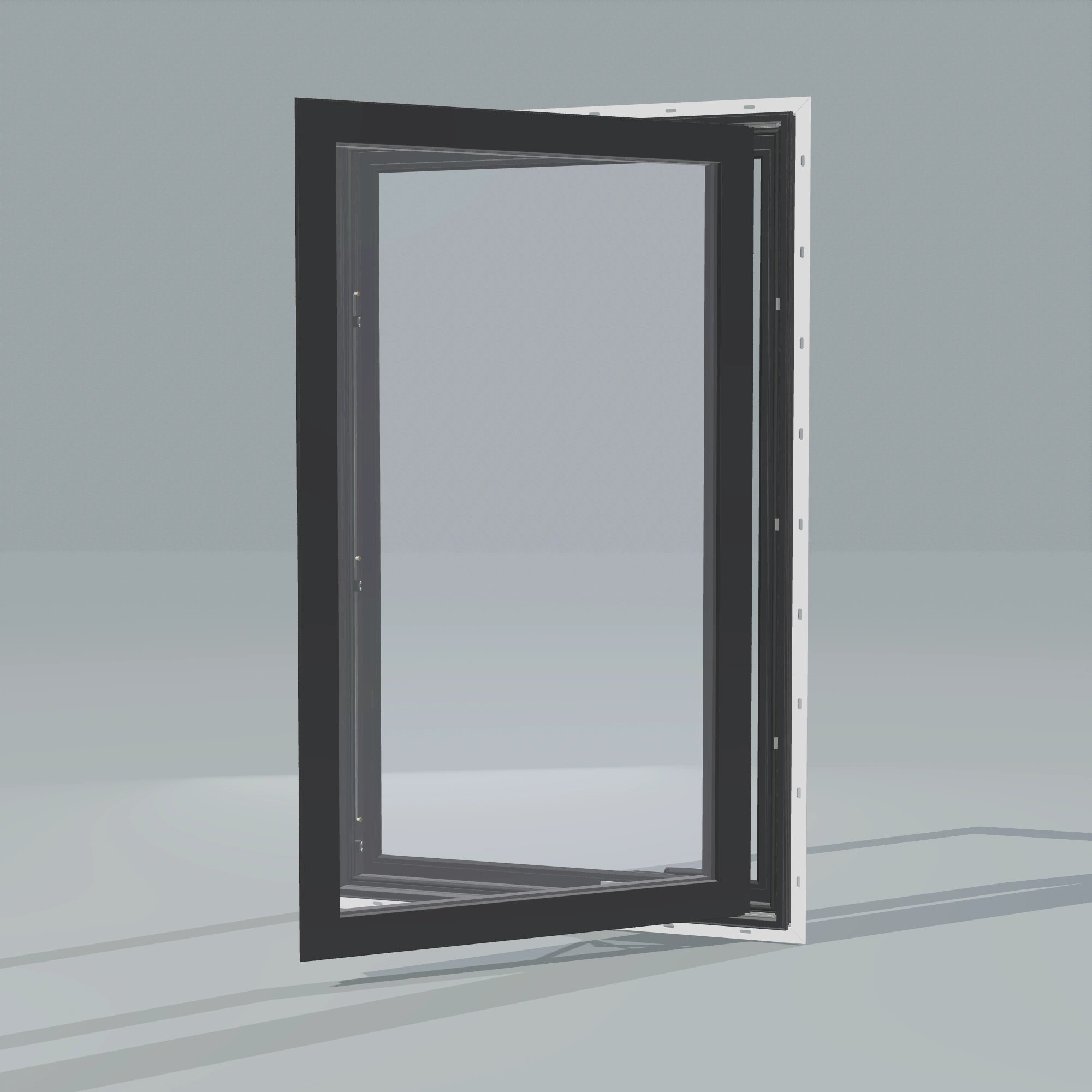 Opposite exterior angle of the 32 × 52 inch casement, black exterior / black interior, with nailing flange, casement sashes open 45 degrees