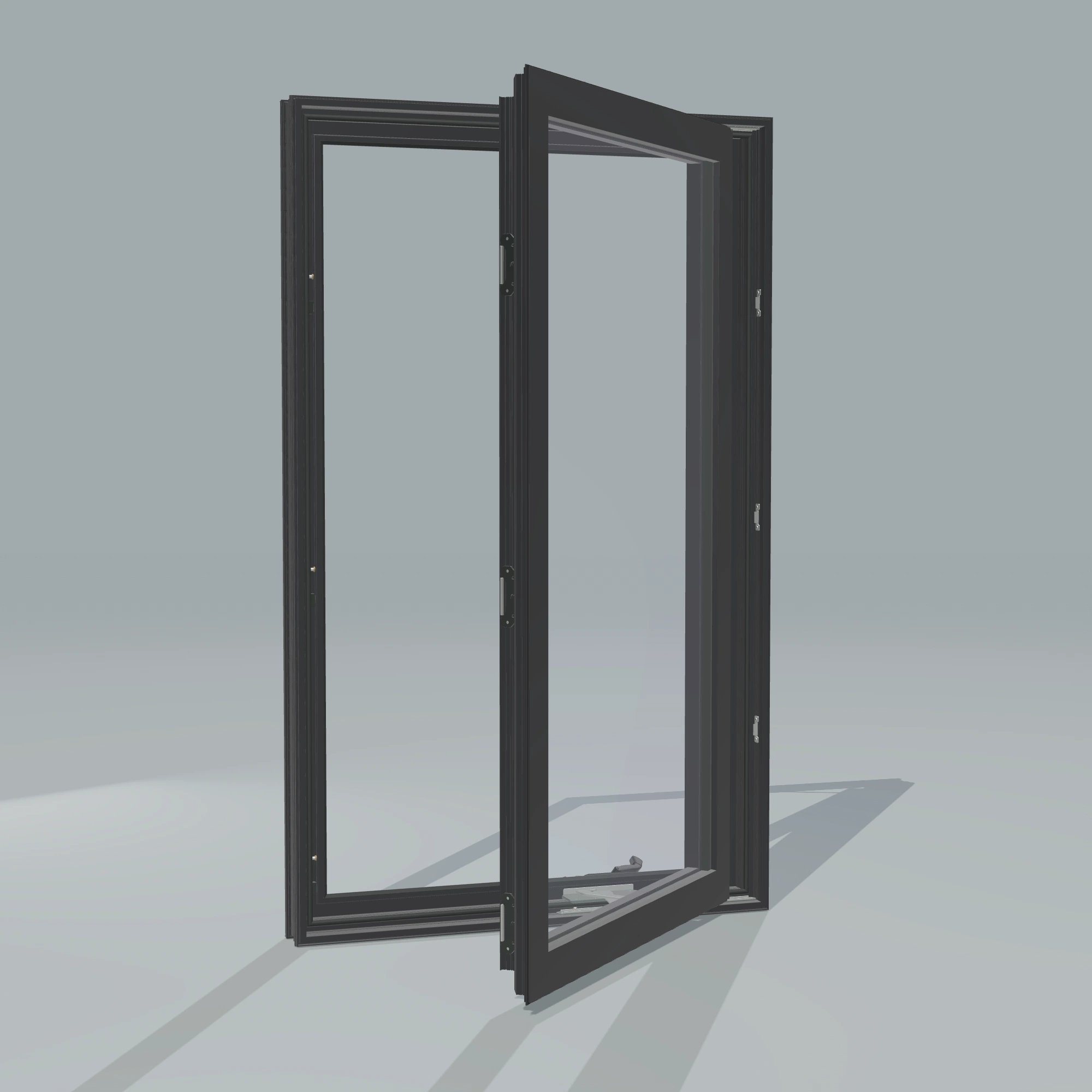 Angled exterior configurator view of the 32 × 52 inch casement, black exterior / black interior, without nailing flange, casement sashes open 45 degrees