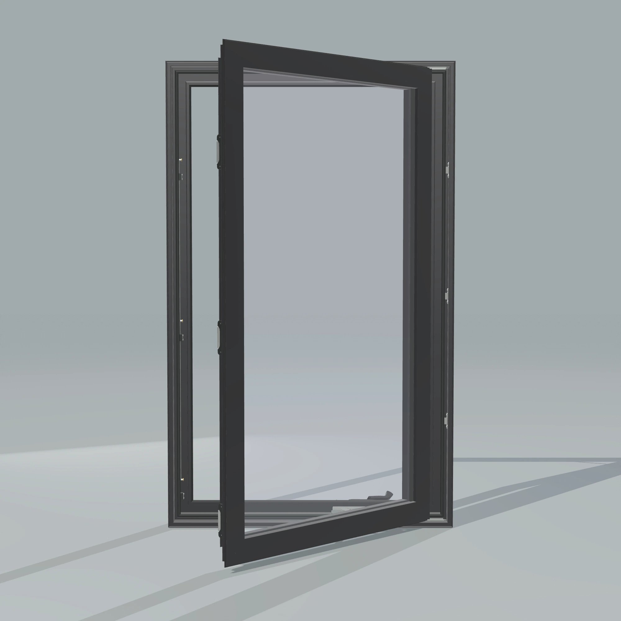 Straight exterior view of the 32 × 52 inch casement, black exterior / black interior, without nailing flange, casement sashes open 45 degrees