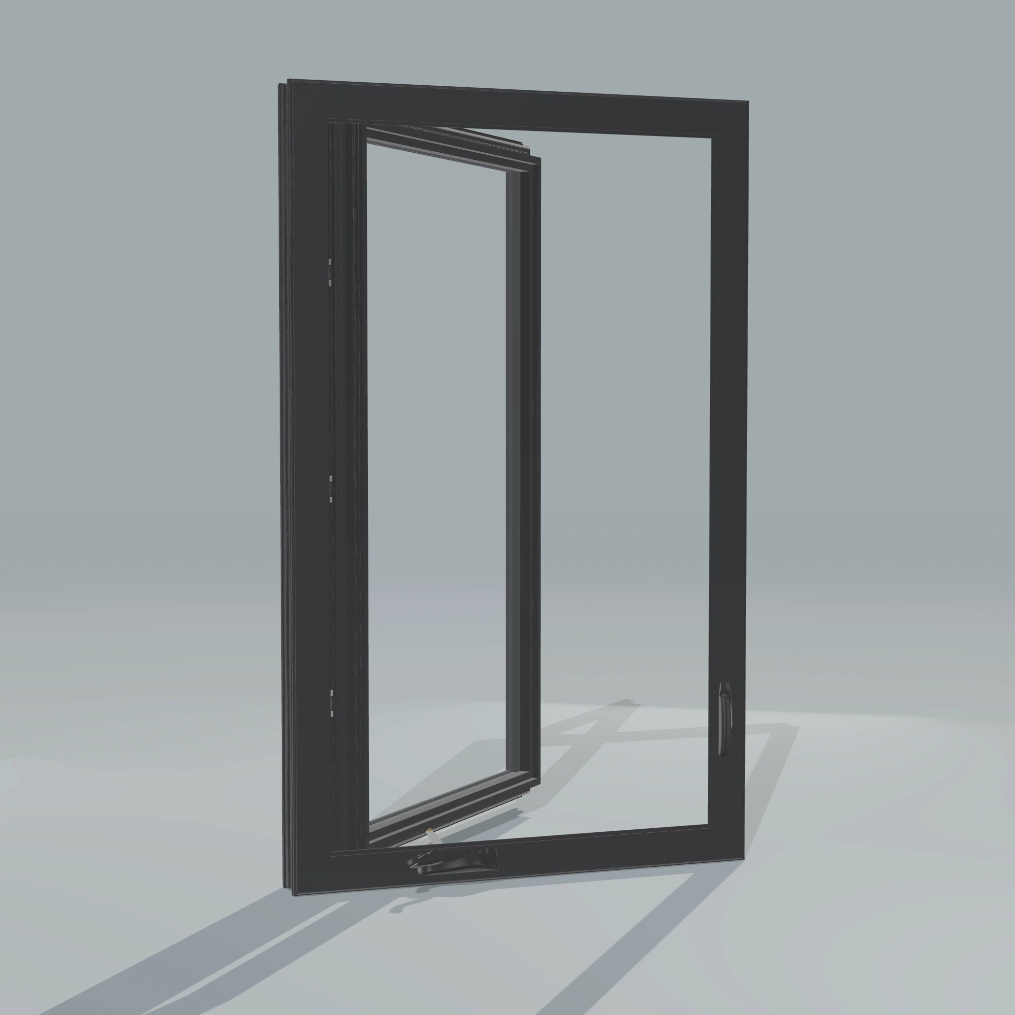 Angled interior view of the 32 × 52 inch casement, black exterior / black interior, without nailing flange, casement sashes open 45 degrees