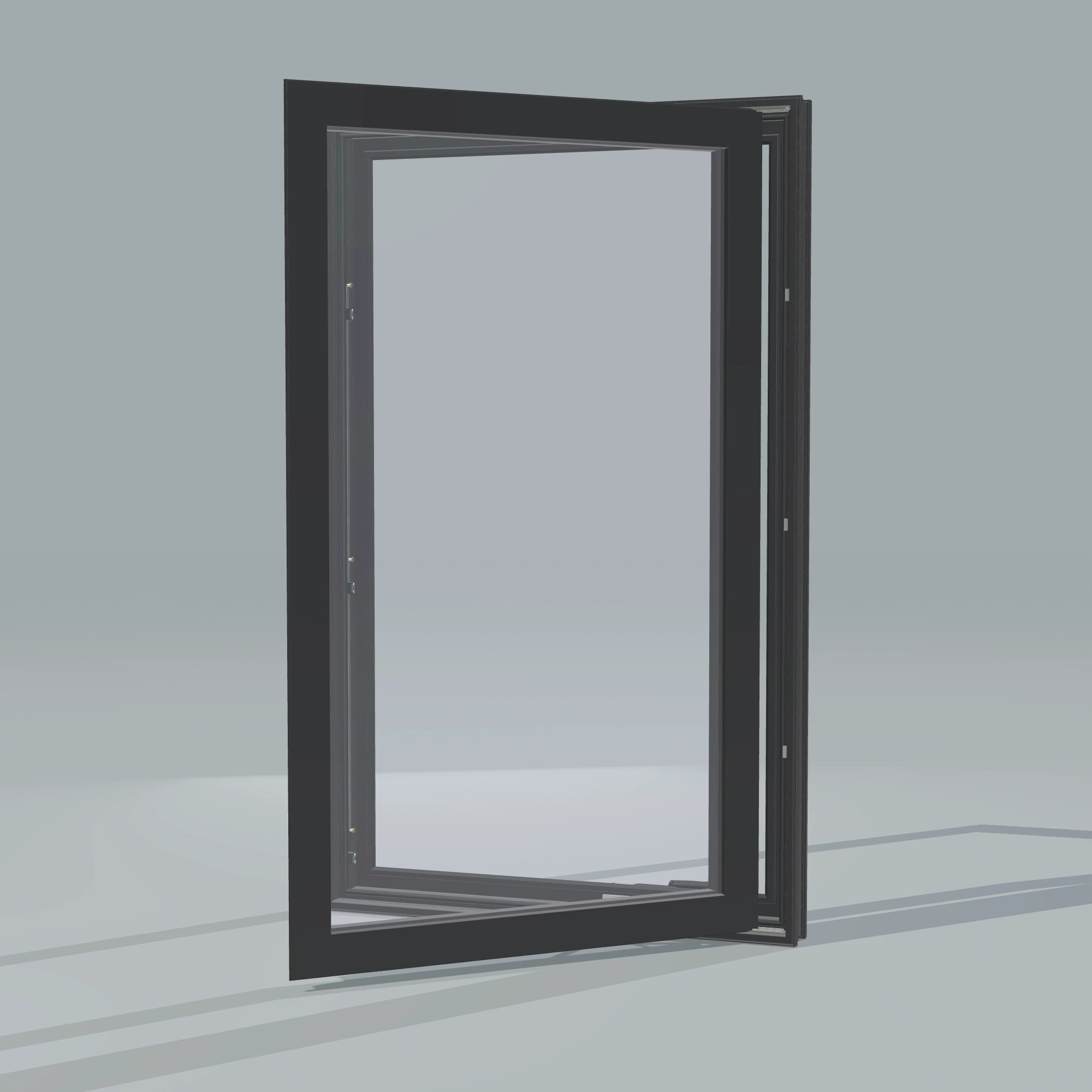 Opposite exterior angle of the 32 × 52 inch casement, black exterior / black interior, without nailing flange, casement sashes open 45 degrees