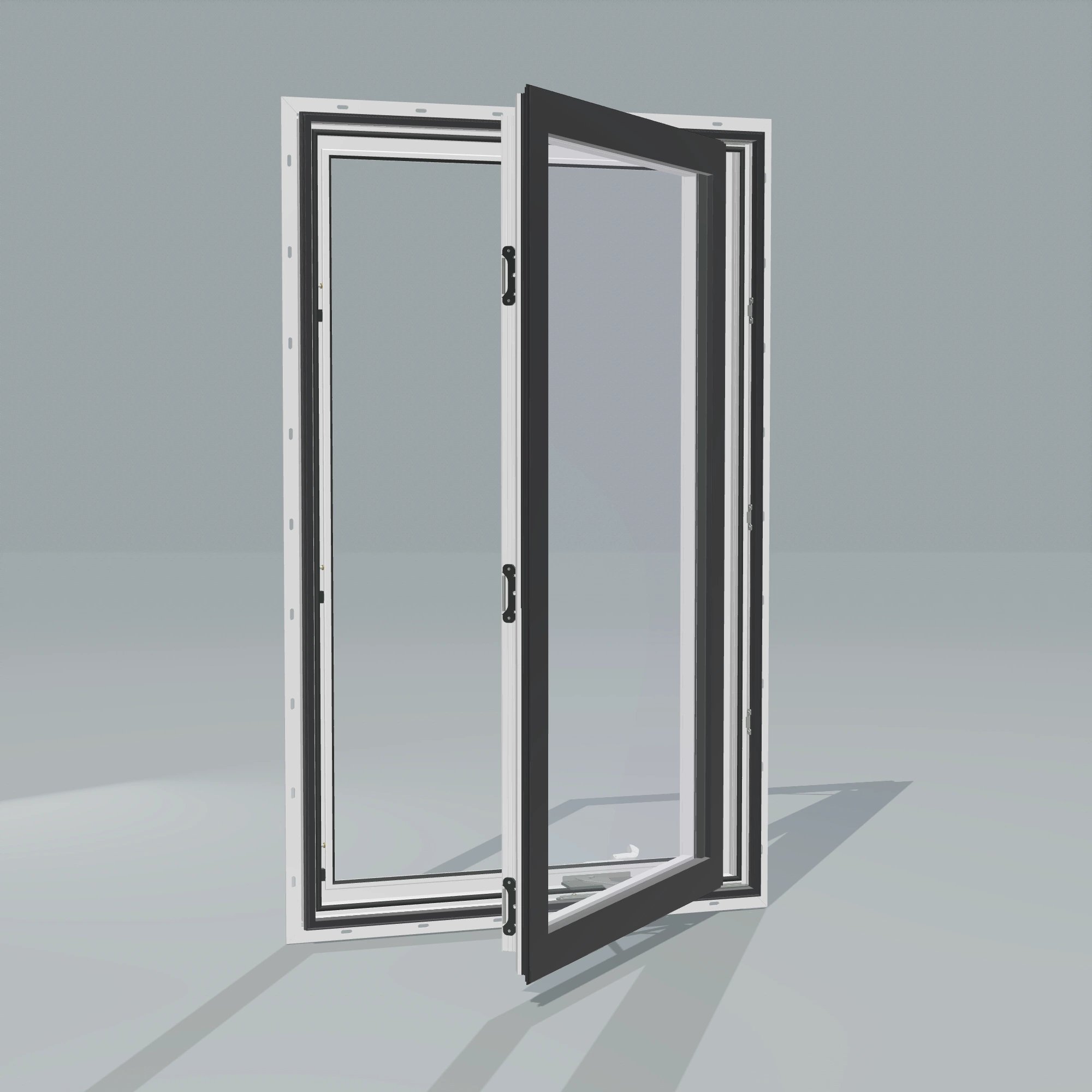 Angled exterior configurator view of the 32 × 52 inch casement, black exterior / white interior, with nailing flange, casement sashes open 45 degrees