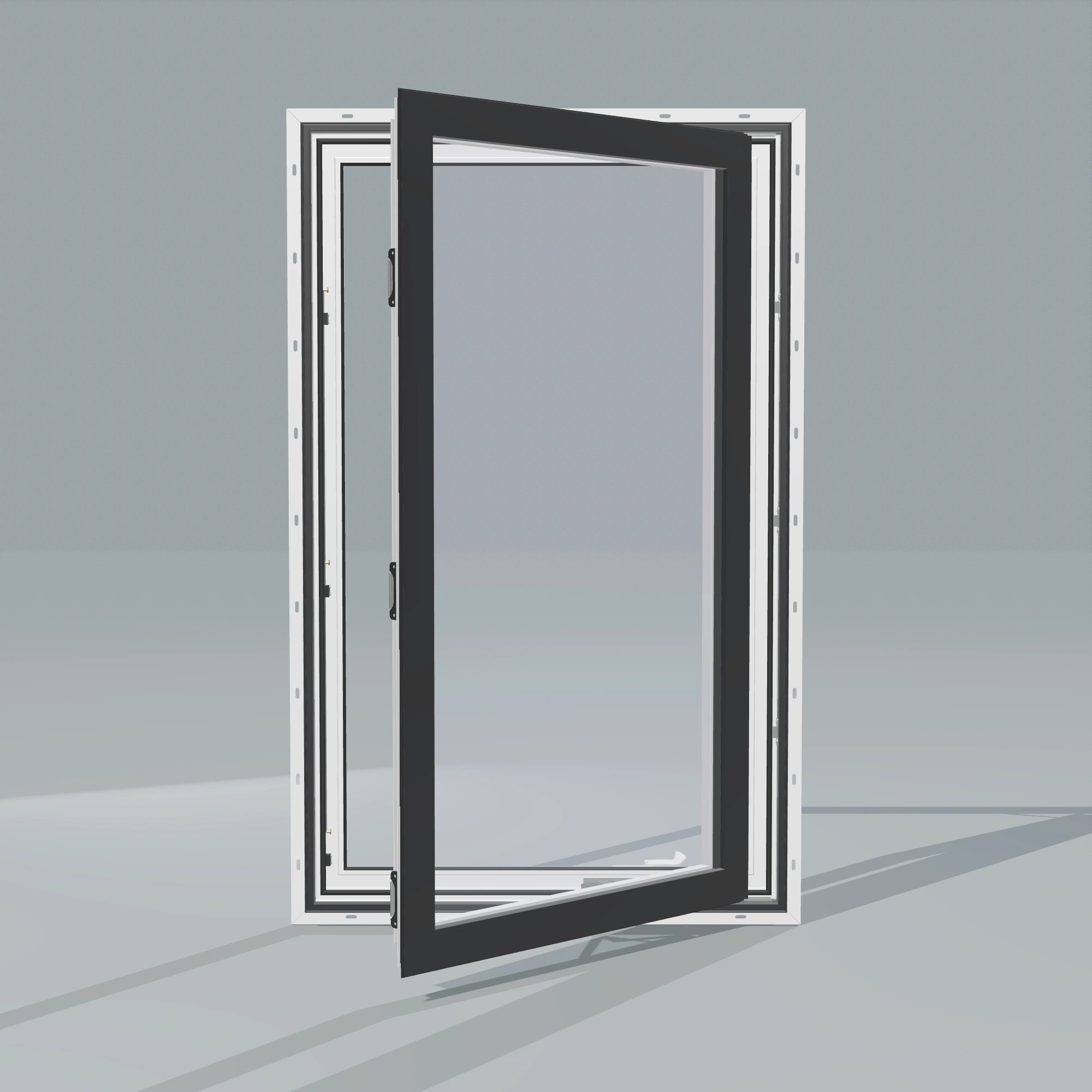 Straight exterior view of the 32 × 52 inch casement, black exterior / white interior, with nailing flange, casement sashes open 45 degrees