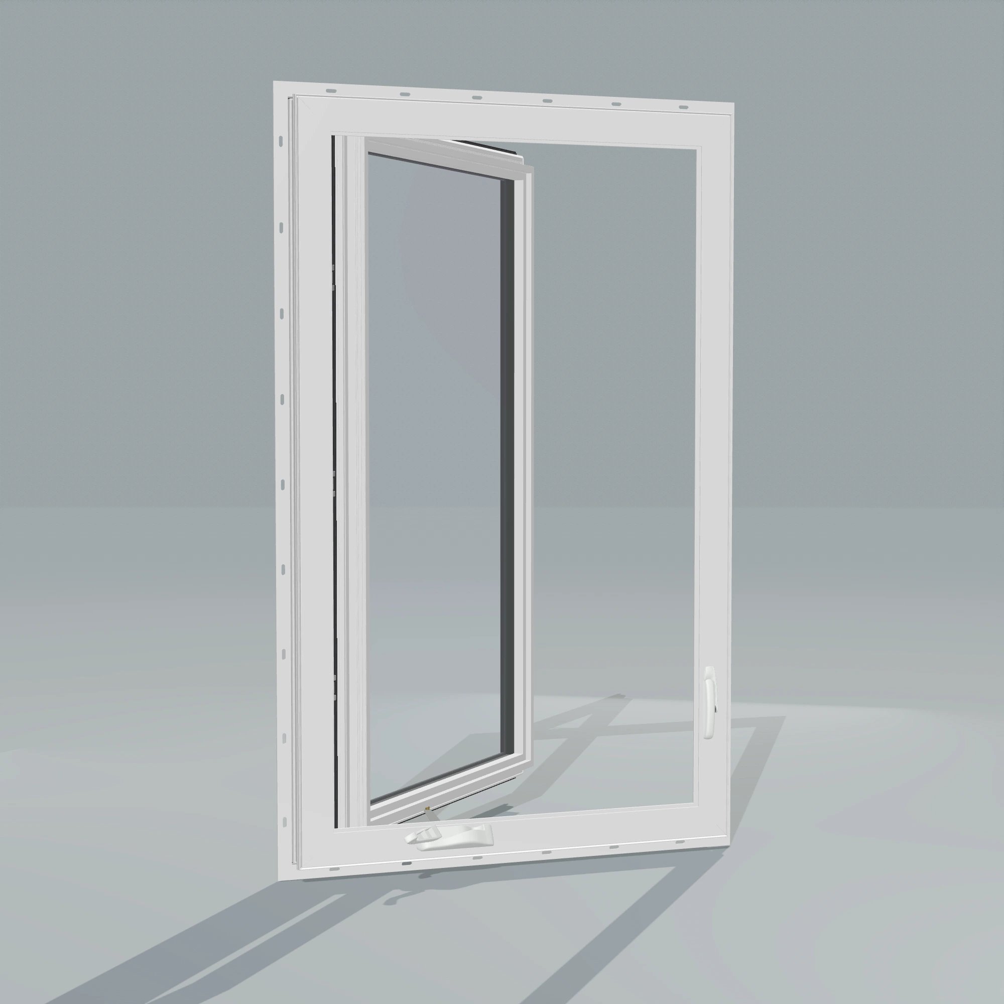 Angled interior view of the 32 × 52 inch casement, black exterior / white interior, with nailing flange, casement sashes open 45 degrees