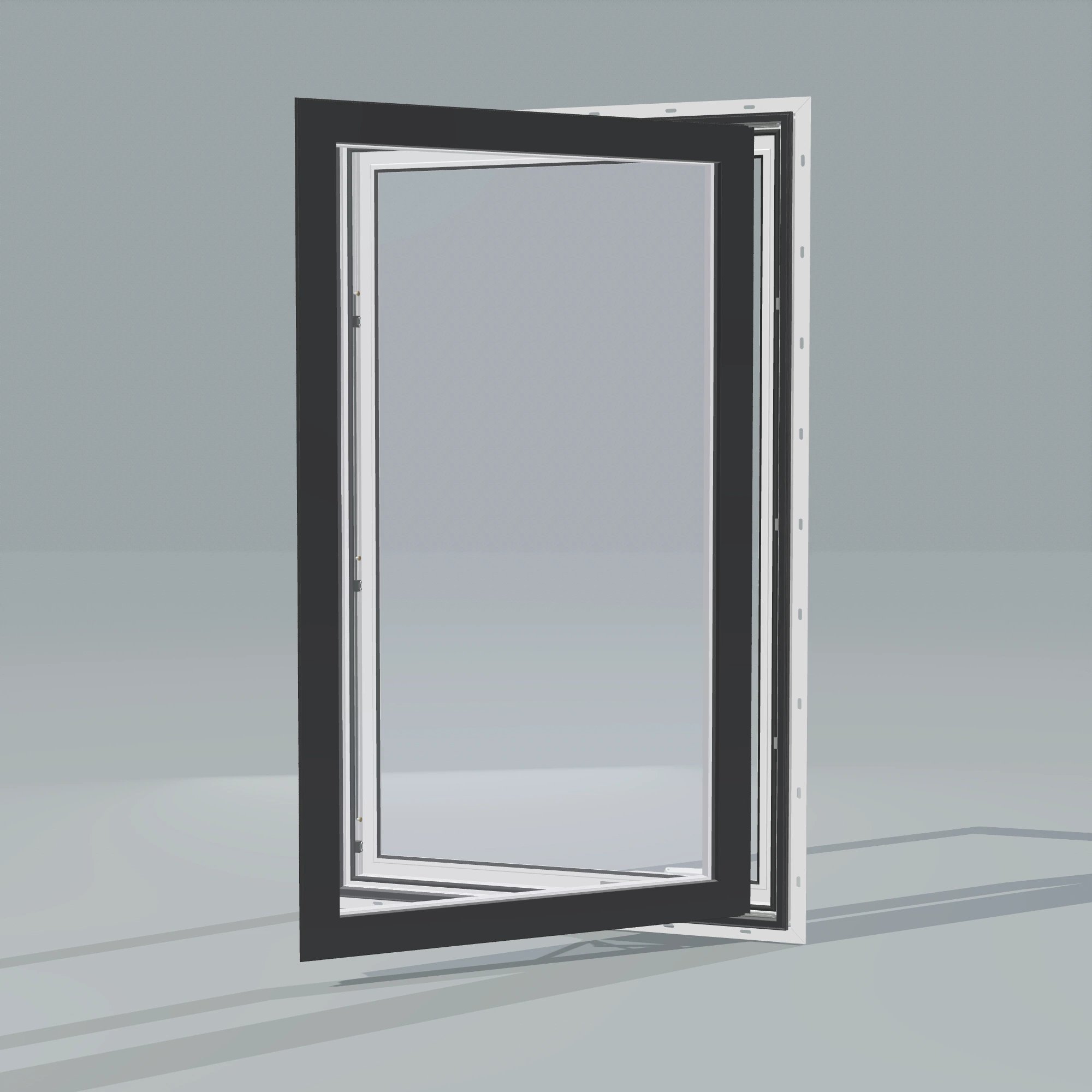 Opposite exterior angle of the 32 × 52 inch casement, black exterior / white interior, with nailing flange, casement sashes open 45 degrees