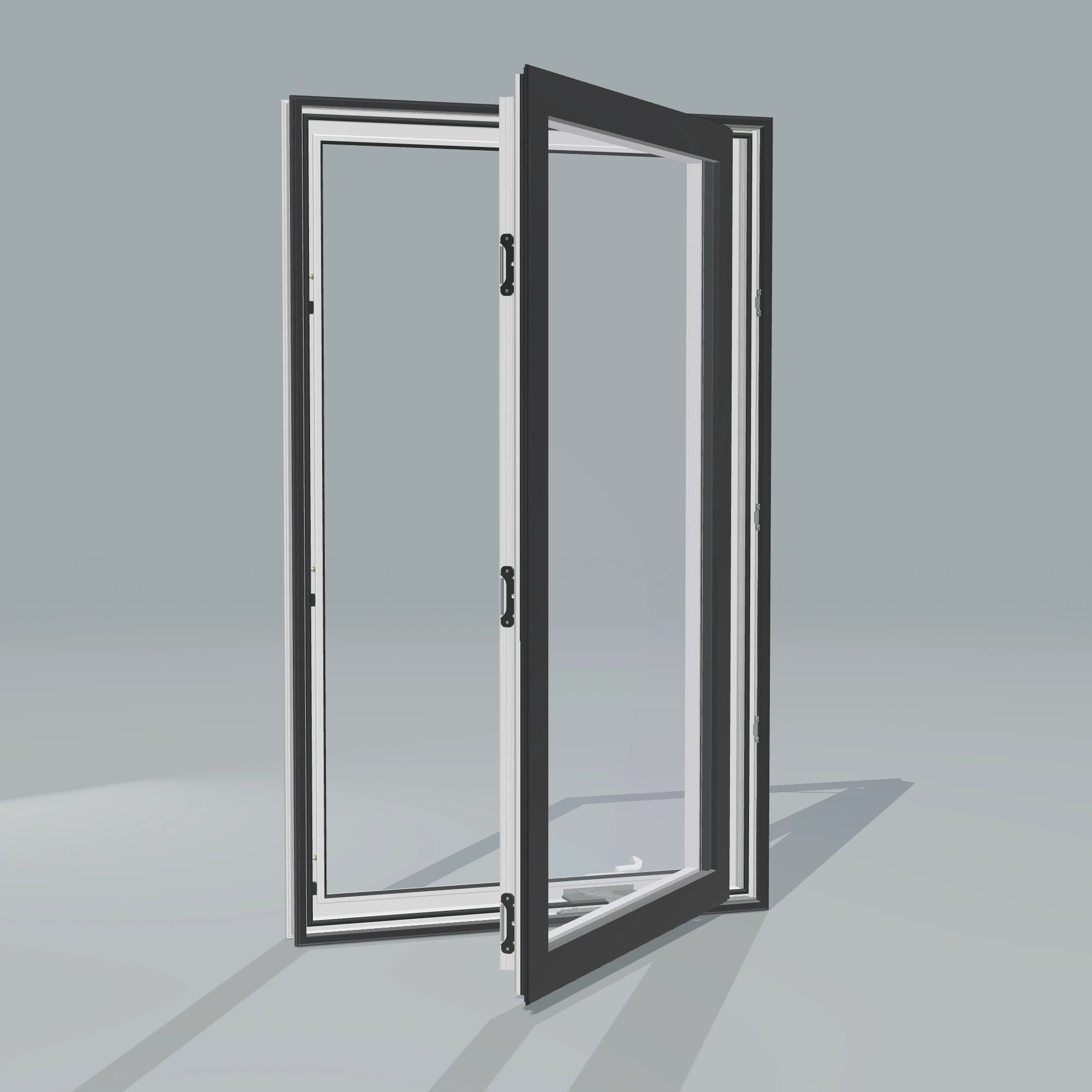 Angled exterior configurator view of the 32 × 52 inch casement, black exterior / white interior, without nailing flange, casement sashes open 45 degrees