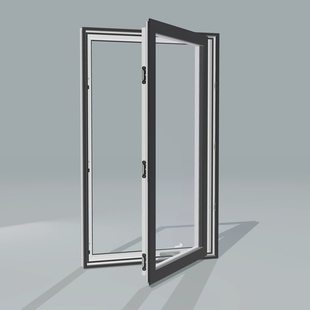 Angled exterior configurator view of the 32 × 52 inch casement, black exterior / white interior, without nailing flange, casement sashes open 45 degrees