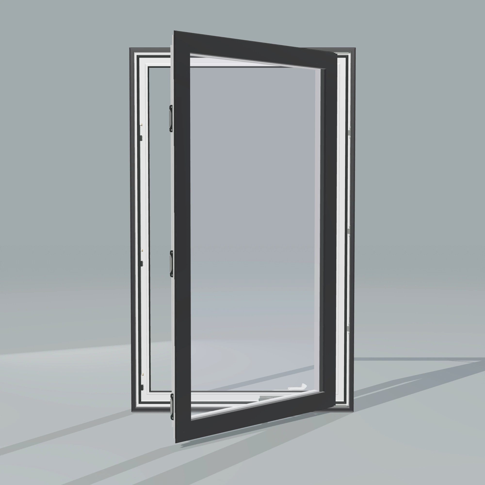 Straight exterior view of the 32 × 52 inch casement, black exterior / white interior, without nailing flange, casement sashes open 45 degrees