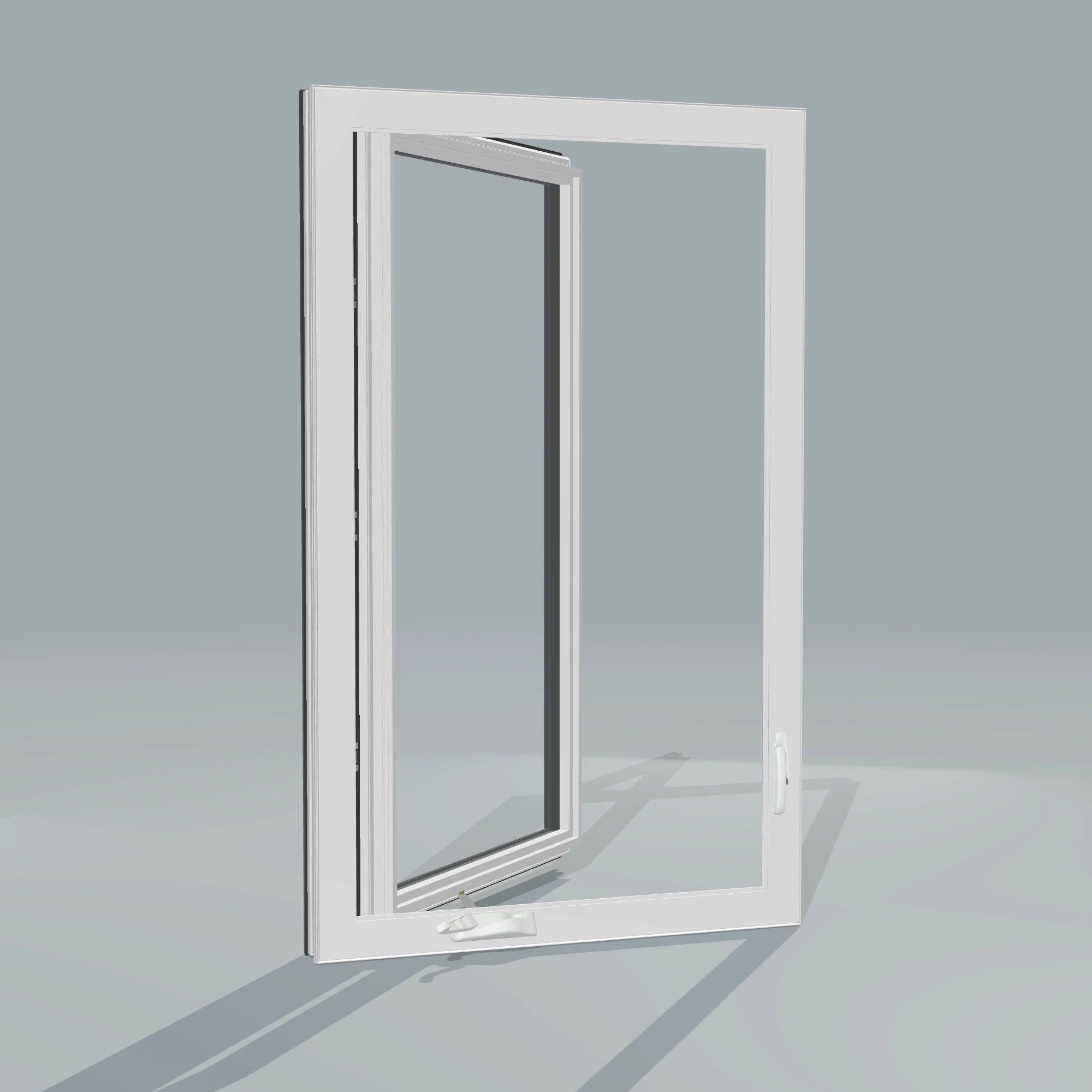 Angled interior view of the 32 × 52 inch casement, black exterior / white interior, without nailing flange, casement sashes open 45 degrees