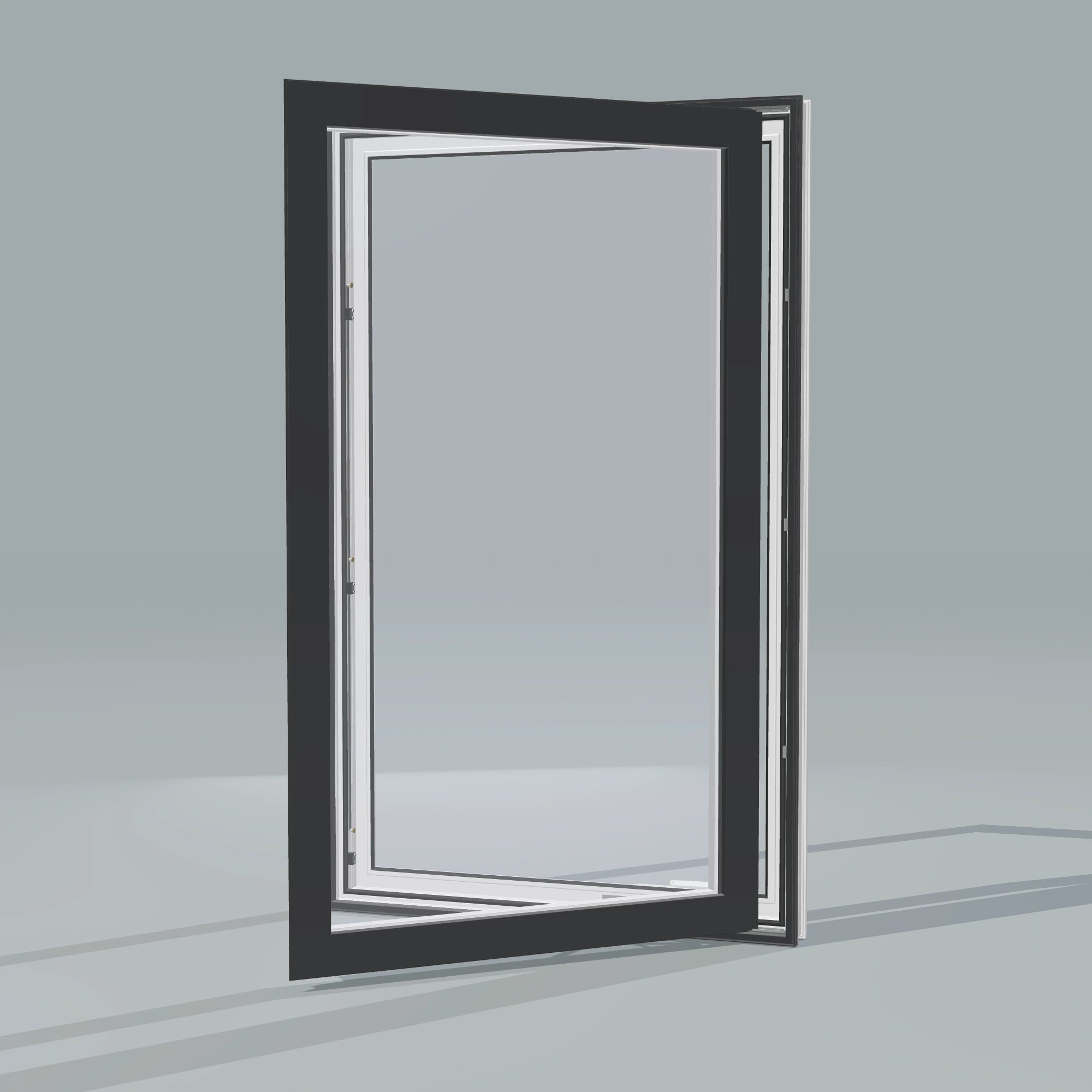 Opposite exterior angle of the 32 × 52 inch casement, black exterior / white interior, without nailing flange, casement sashes open 45 degrees