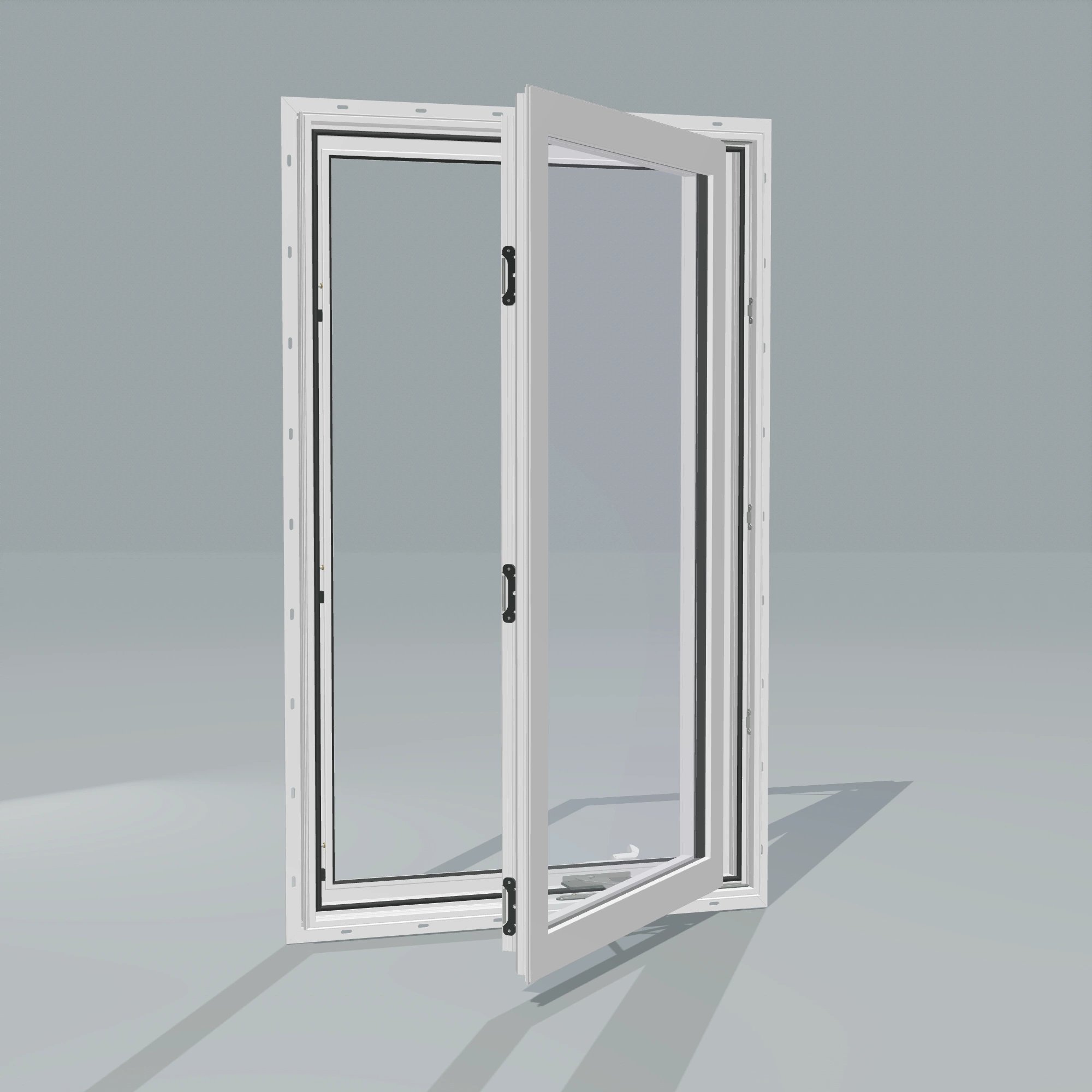 Angled exterior configurator view of the 32 × 52 inch casement, white exterior / white interior, with nailing flange, casement sashes open 45 degrees