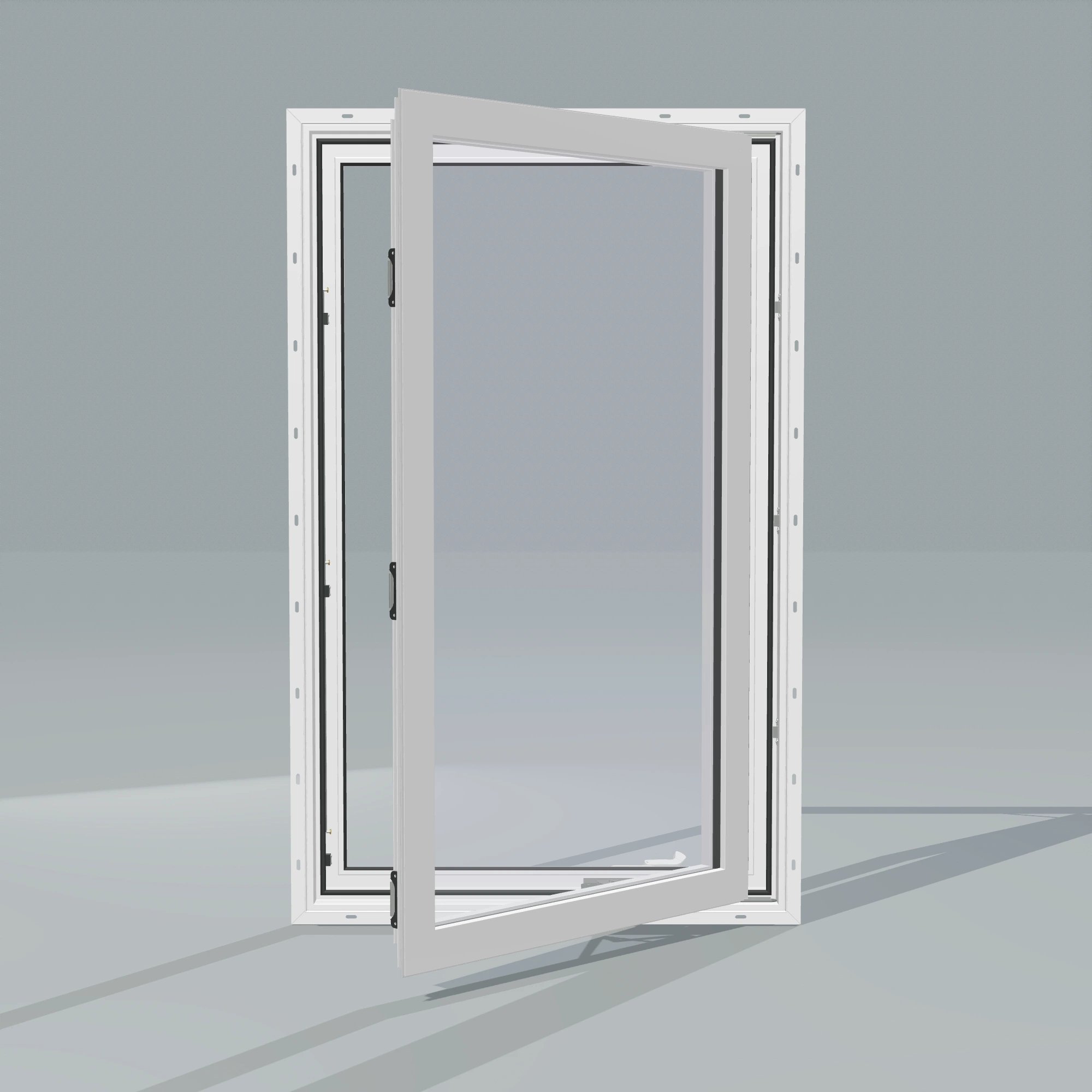 Straight exterior view of the 32 × 52 inch casement, white exterior / white interior, with nailing flange, casement sashes open 45 degrees