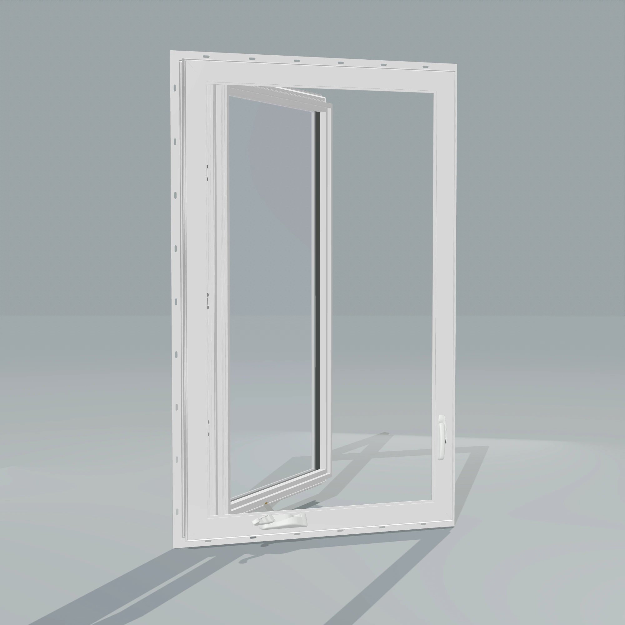 Angled interior view of the 32 × 52 inch casement, white exterior / white interior, with nailing flange, casement sashes open 45 degrees