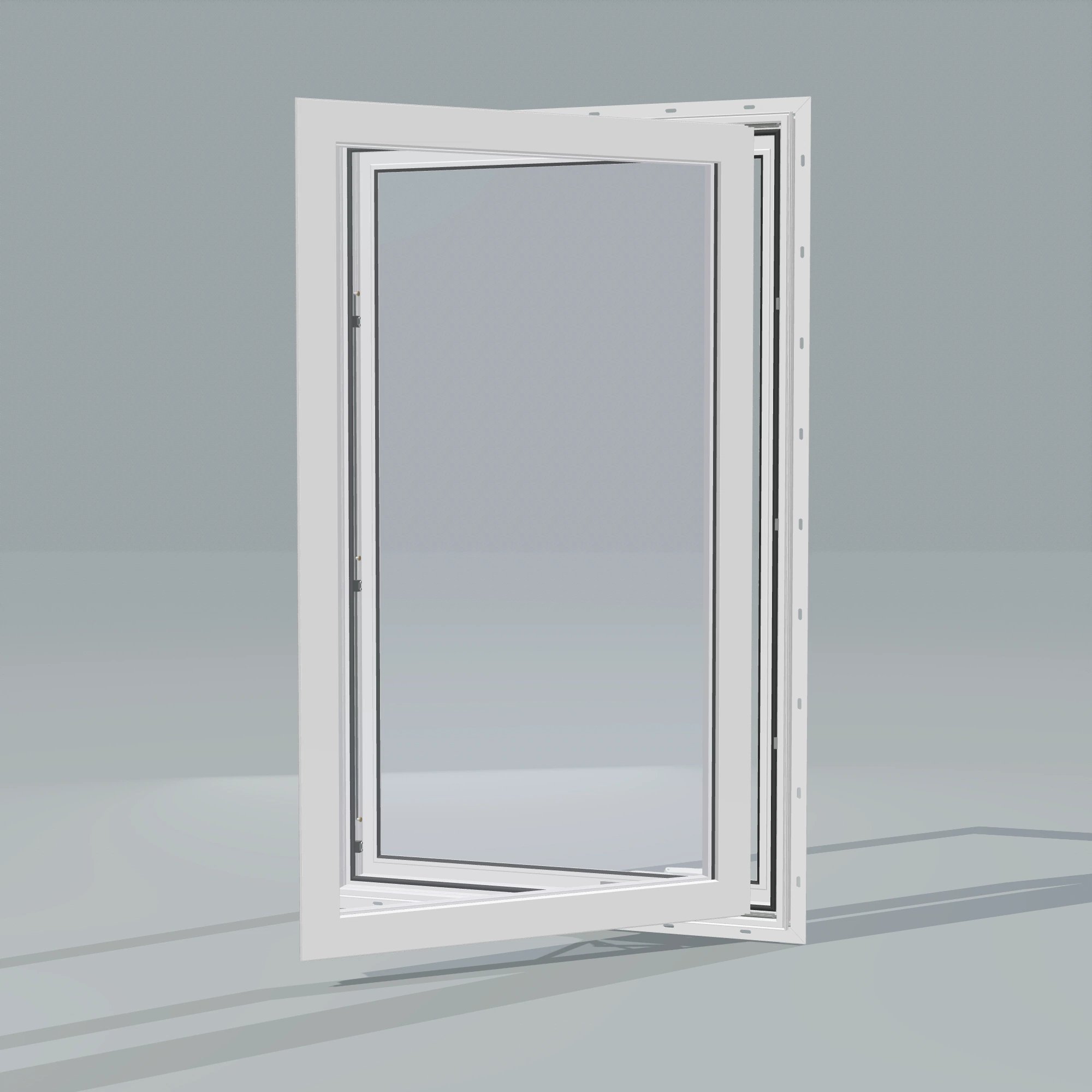 Opposite exterior angle of the 32 × 52 inch casement, white exterior / white interior, with nailing flange, casement sashes open 45 degrees