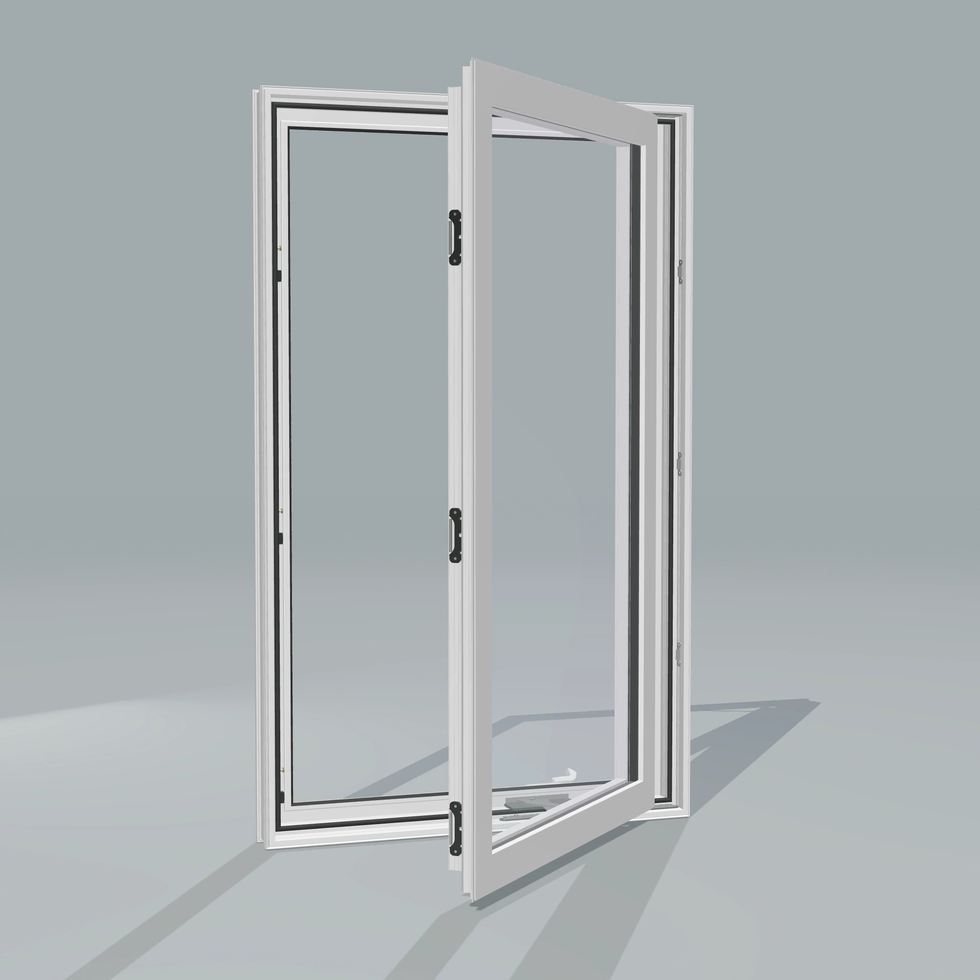 Angled exterior configurator view of the 32 × 52 inch casement, white exterior / white interior, without nailing flange, casement sashes open 45 degrees